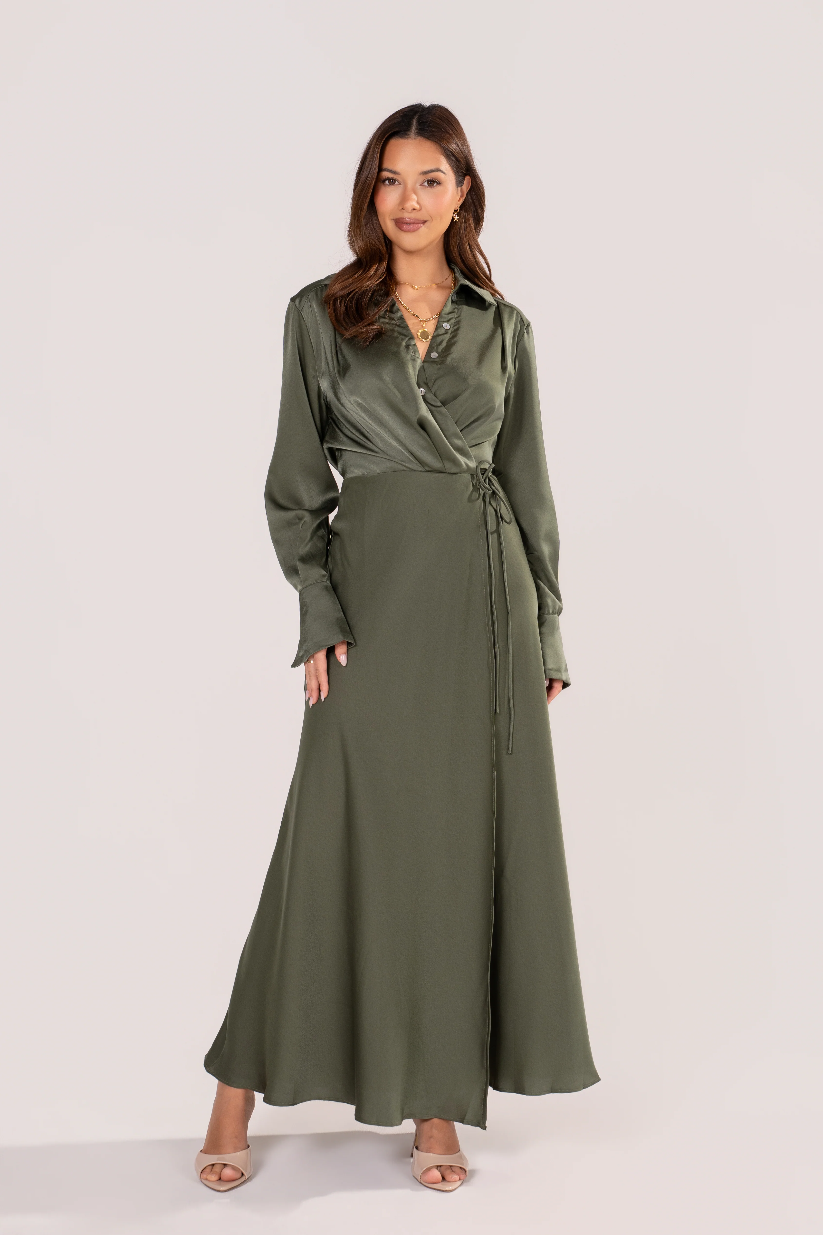 Mina Olive Long Sleeve Satin Maxi Dress