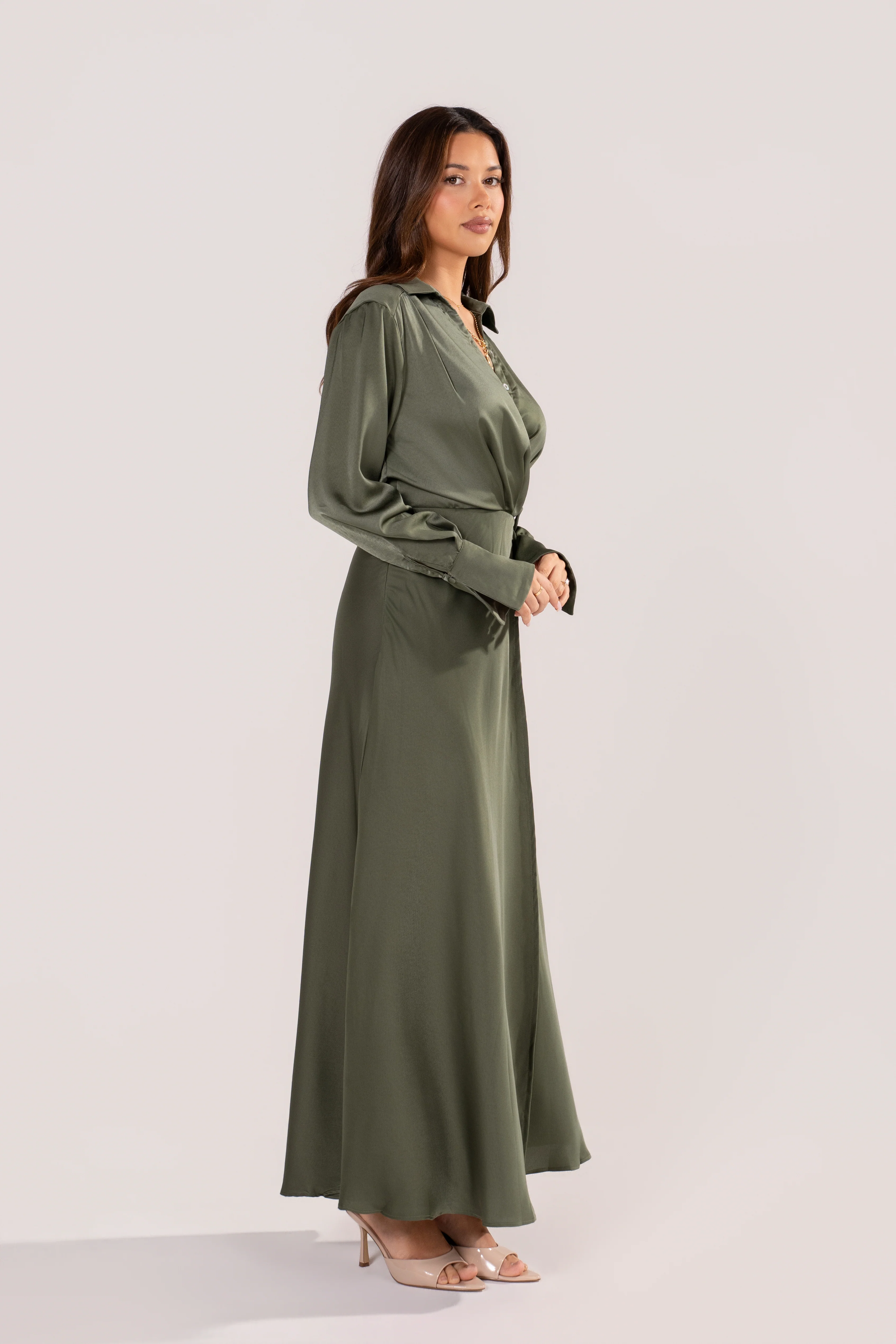 Mina Olive Long Sleeve Satin Maxi Dress - Image 2