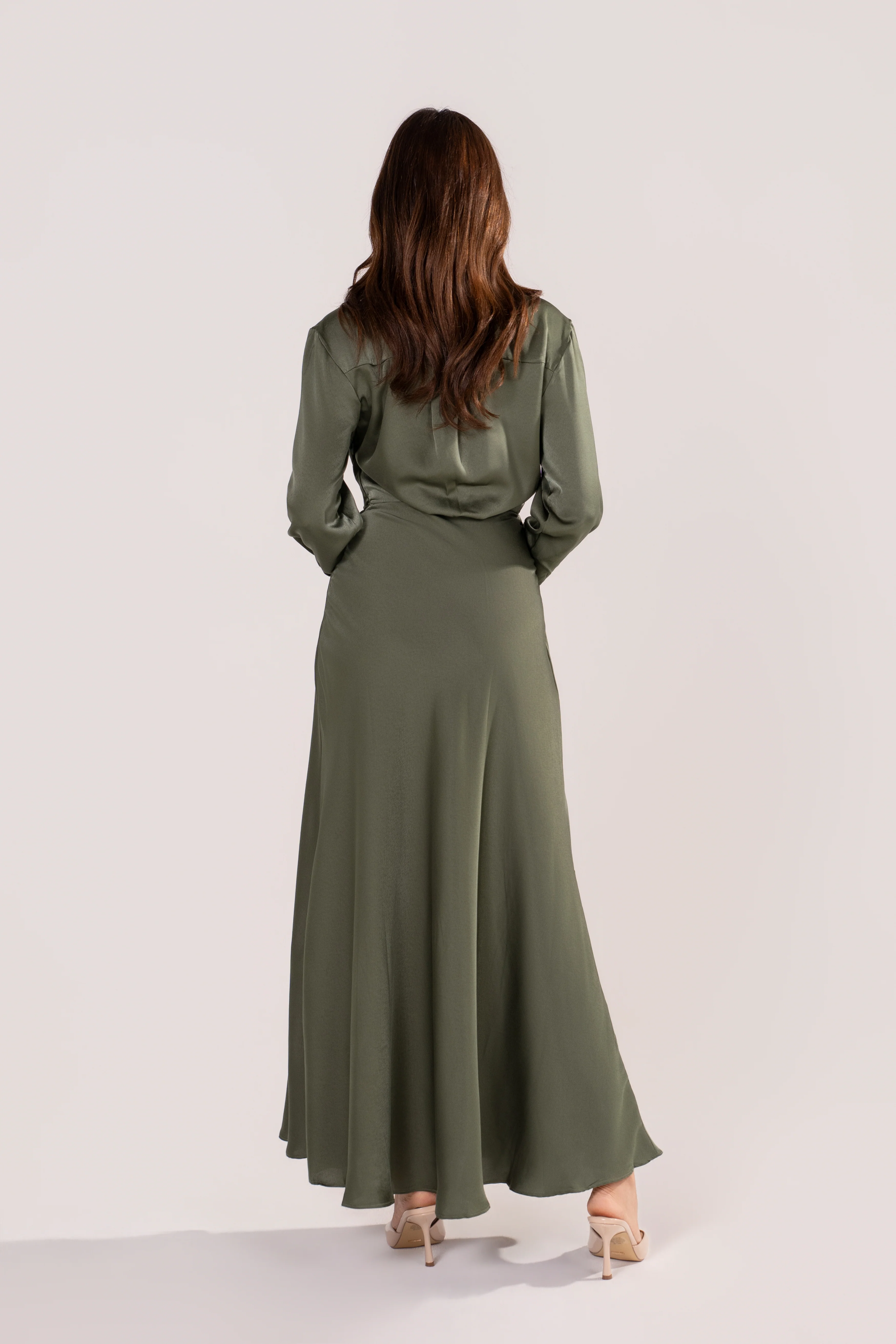 Mina Olive Long Sleeve Satin Maxi Dress - Image 3