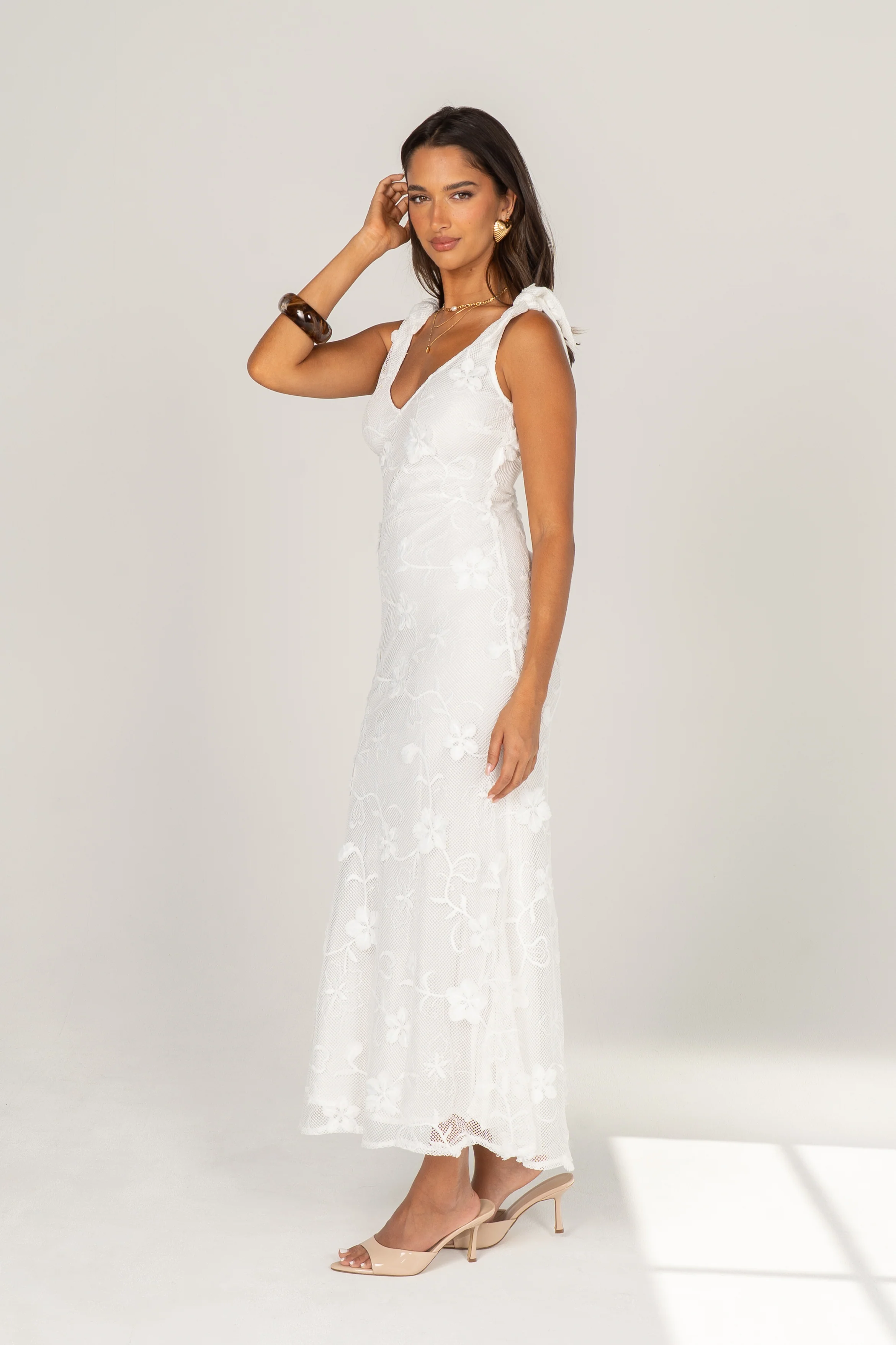 Mirella White Floral Lace Maxi with Shoulder Ties - Image 2
