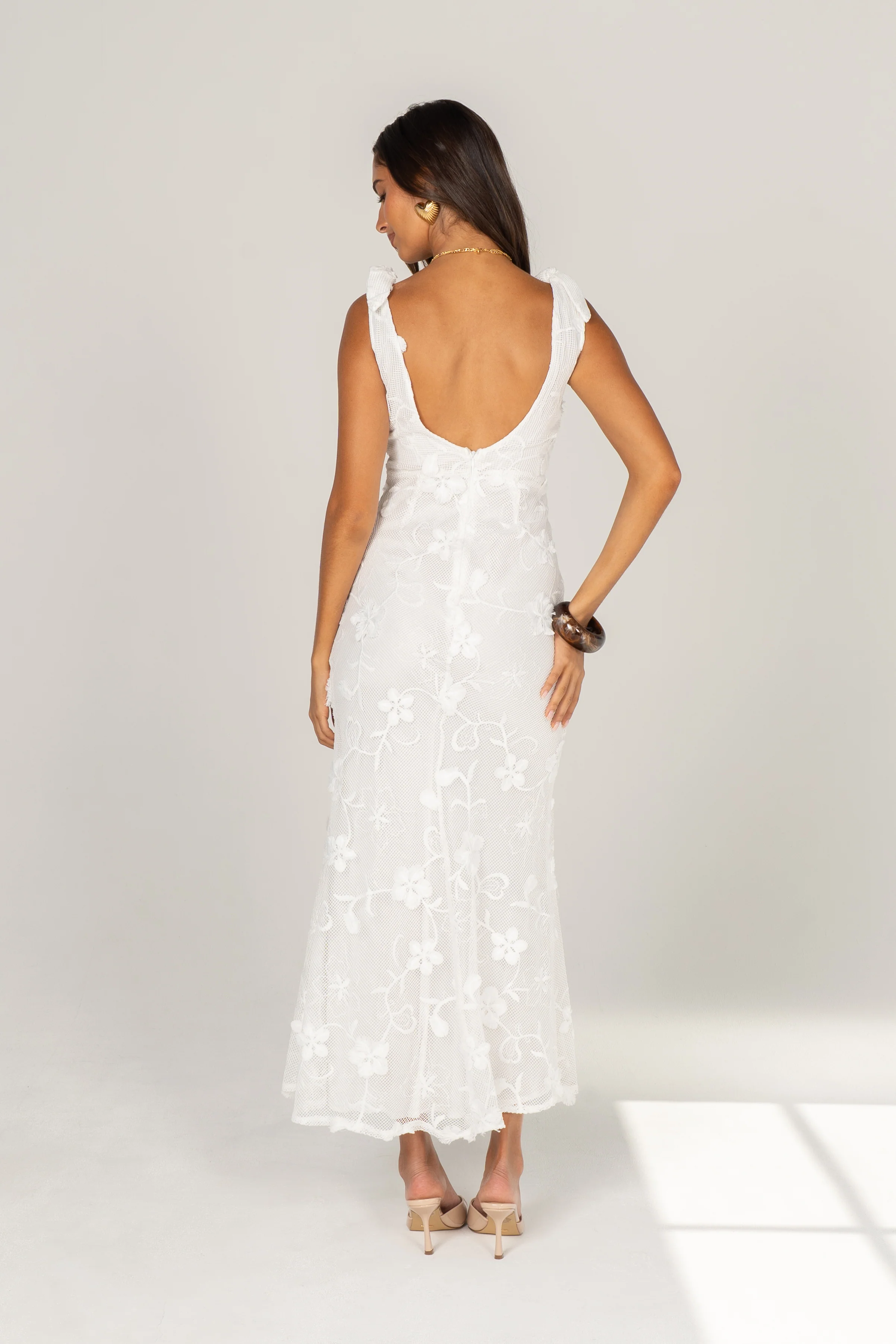Mirella White Floral Lace Maxi with Shoulder Ties - Image 3