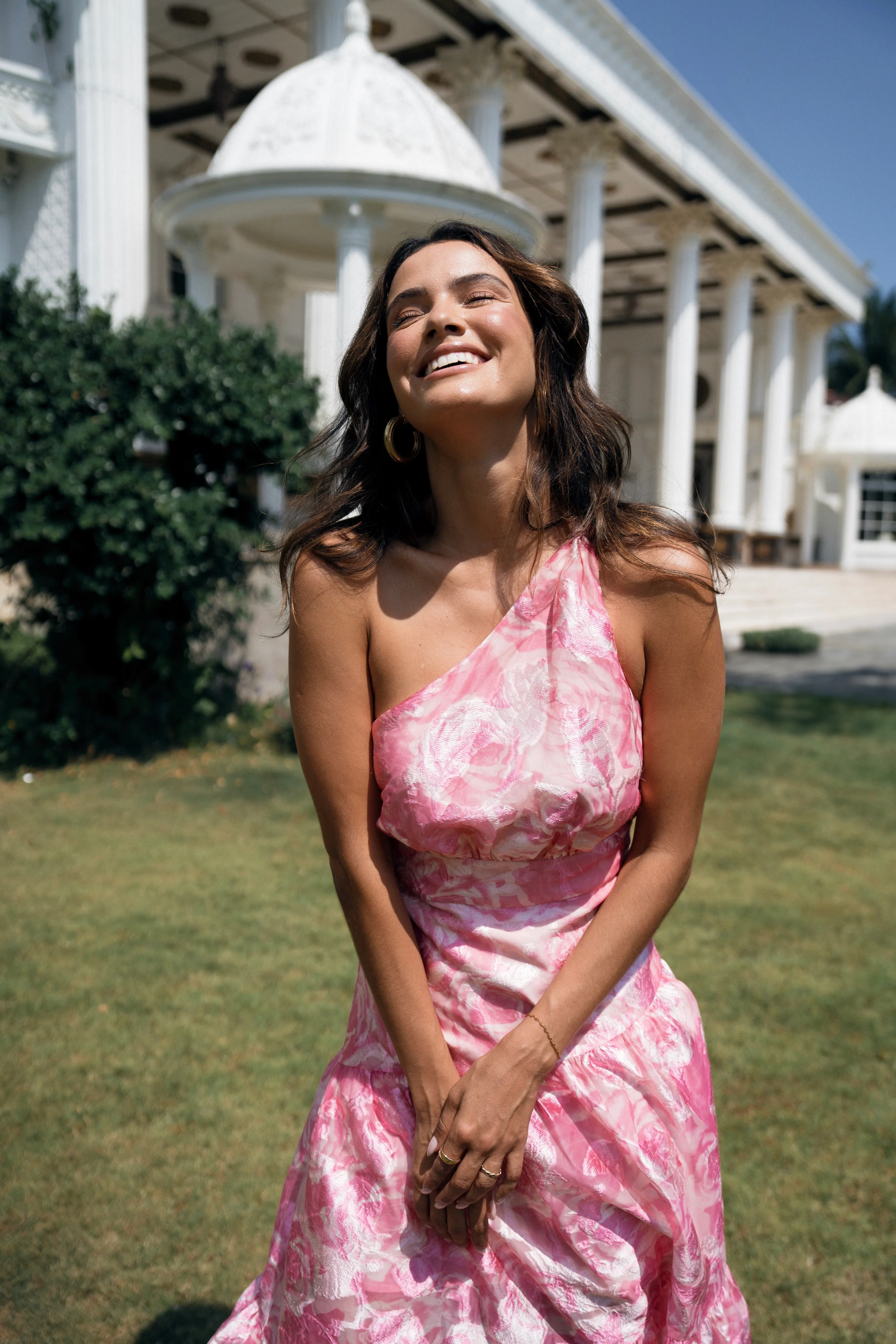 Monica One Shoulder Pink Midi Dress - Image 3