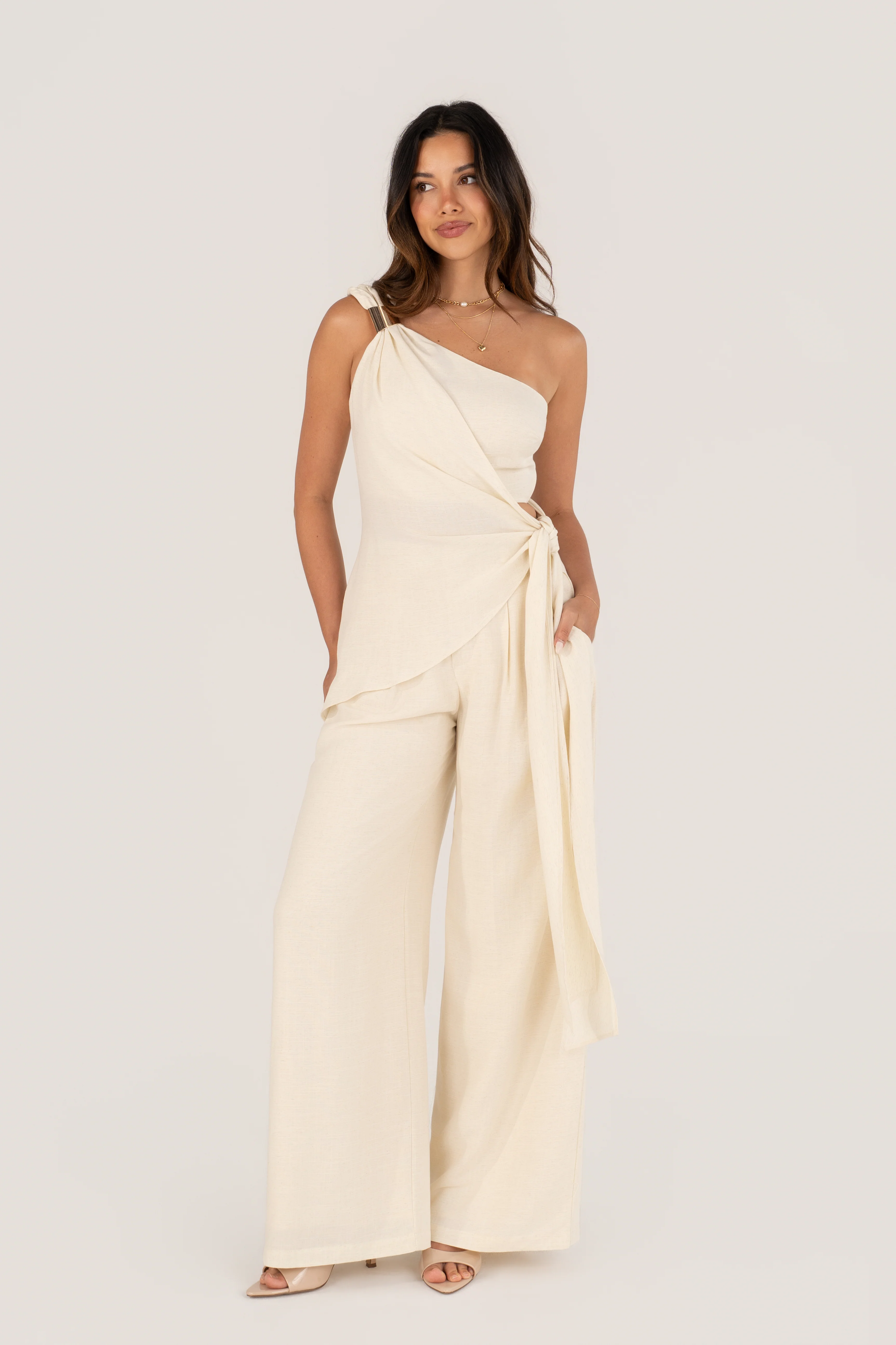Nathalya Cream Asymmetrical Drape Top & Wide Leg Pant Set