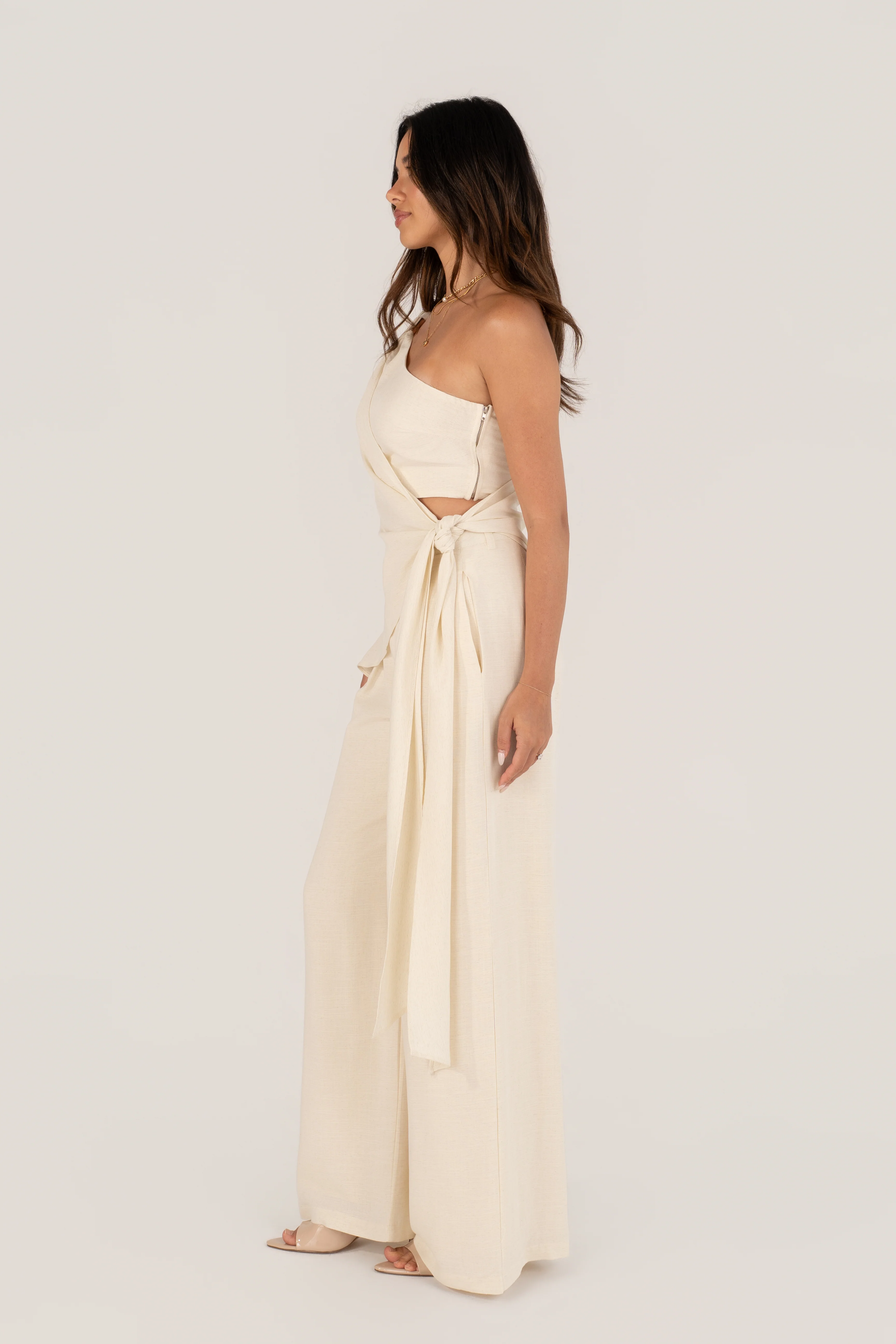 Nathalya Cream Asymmetrical Drape Top & Wide Leg Pant Set - Image 2