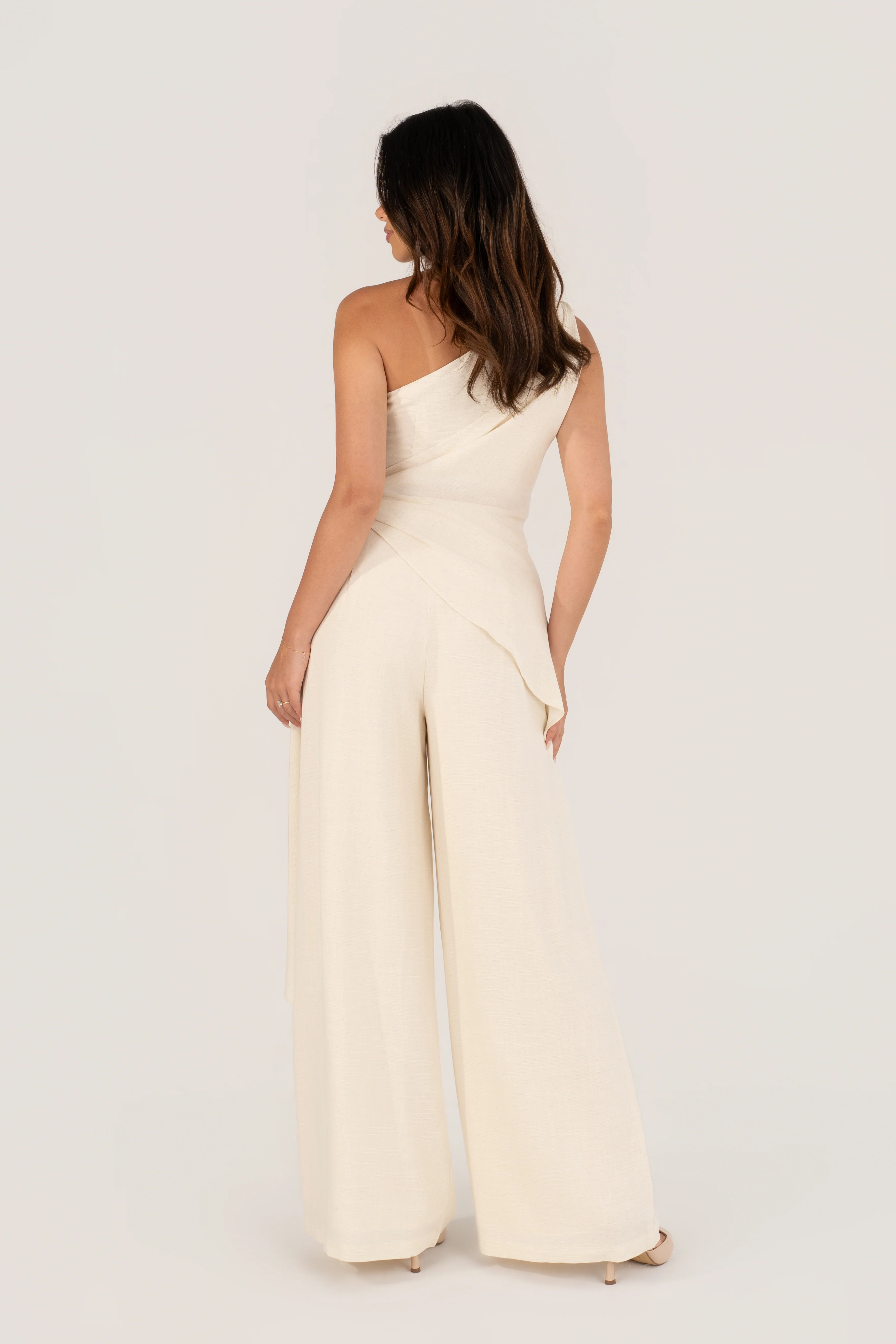 Nathalya Cream Asymmetrical Drape Top & Wide Leg Pant Set - Image 3