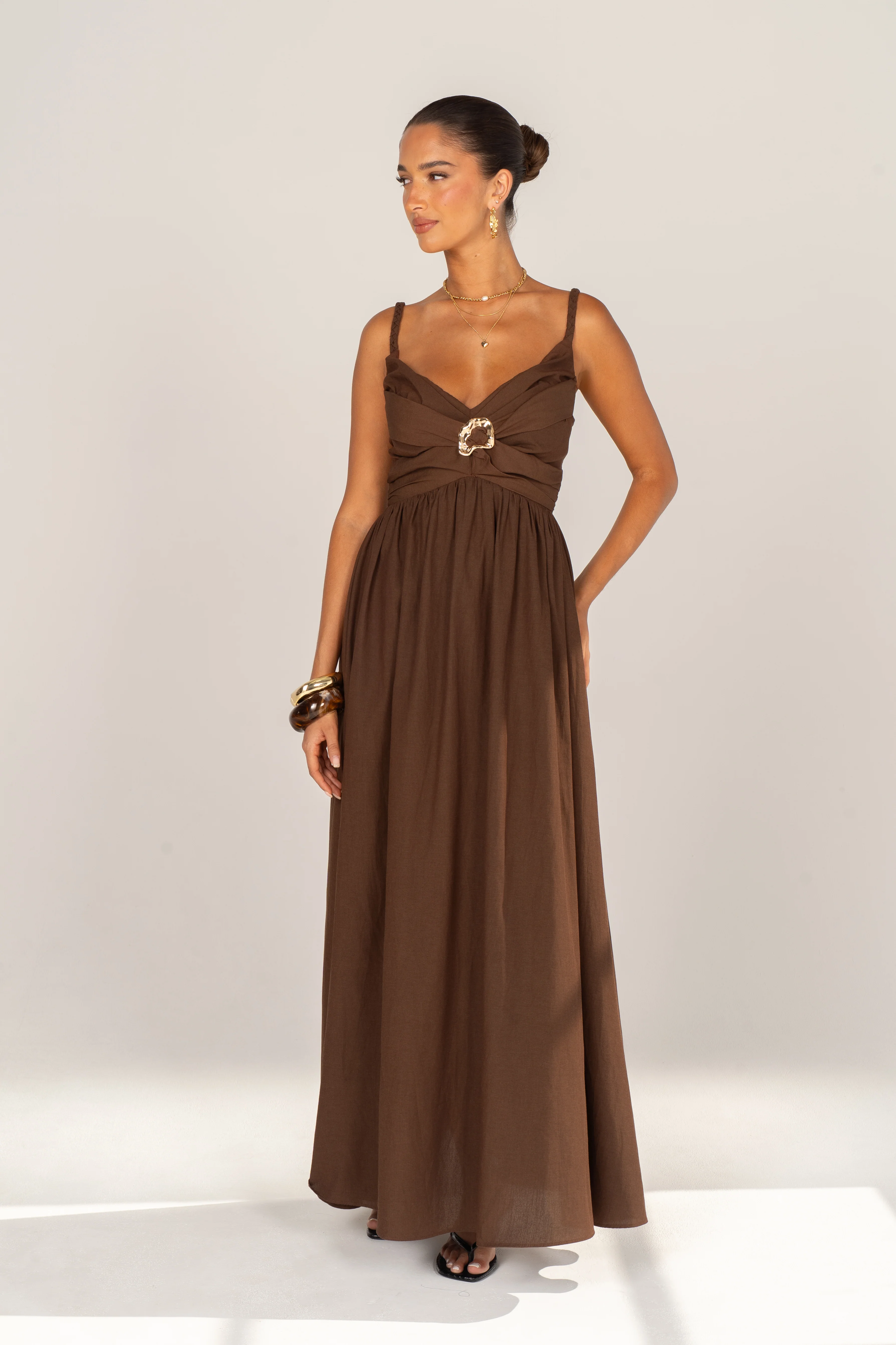 Nerina Chocolate V-Neck Maxi Dress with Gold Accent - Image 3