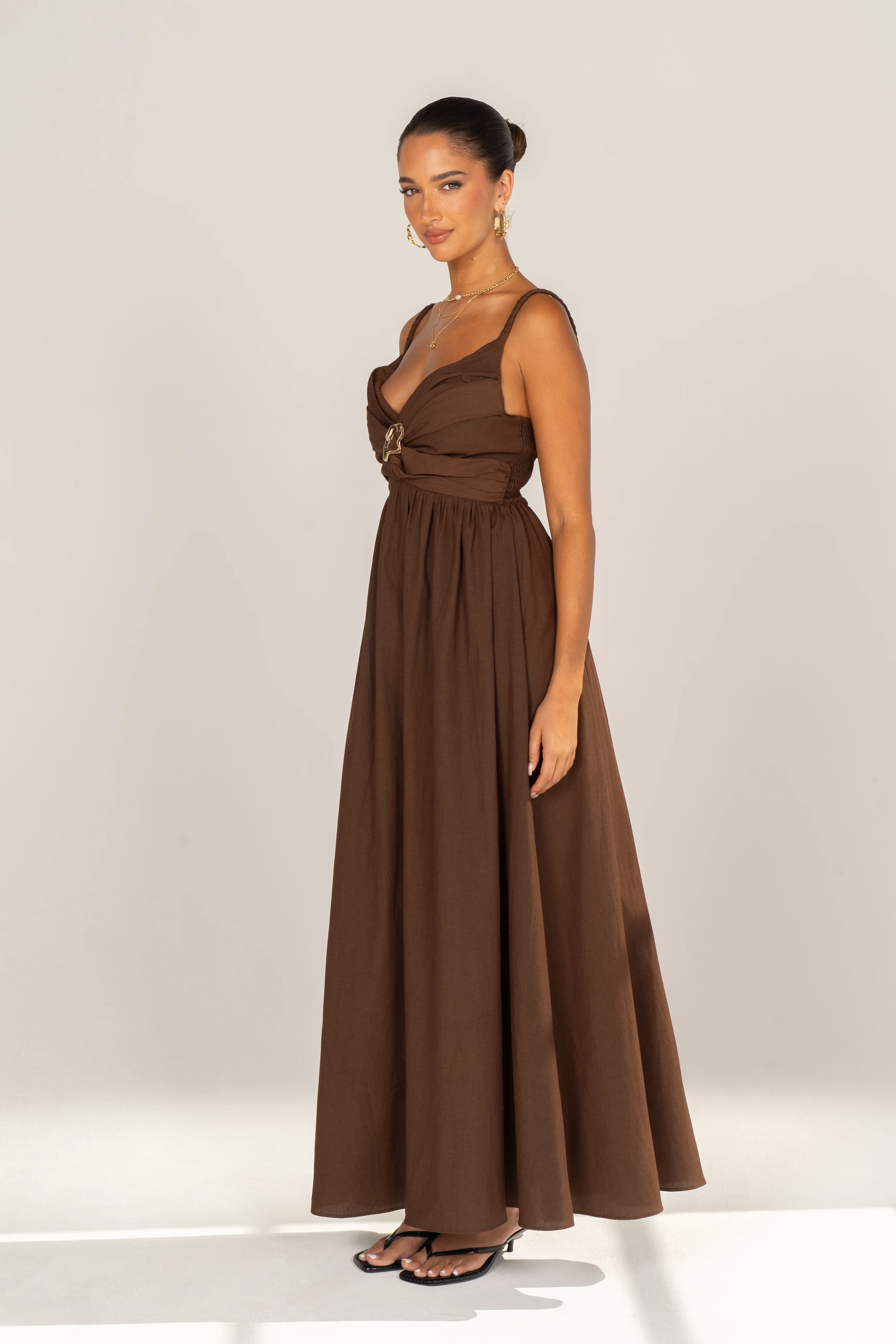Nerina Chocolate V-Neck Maxi Dress with Gold Accent - Image 4