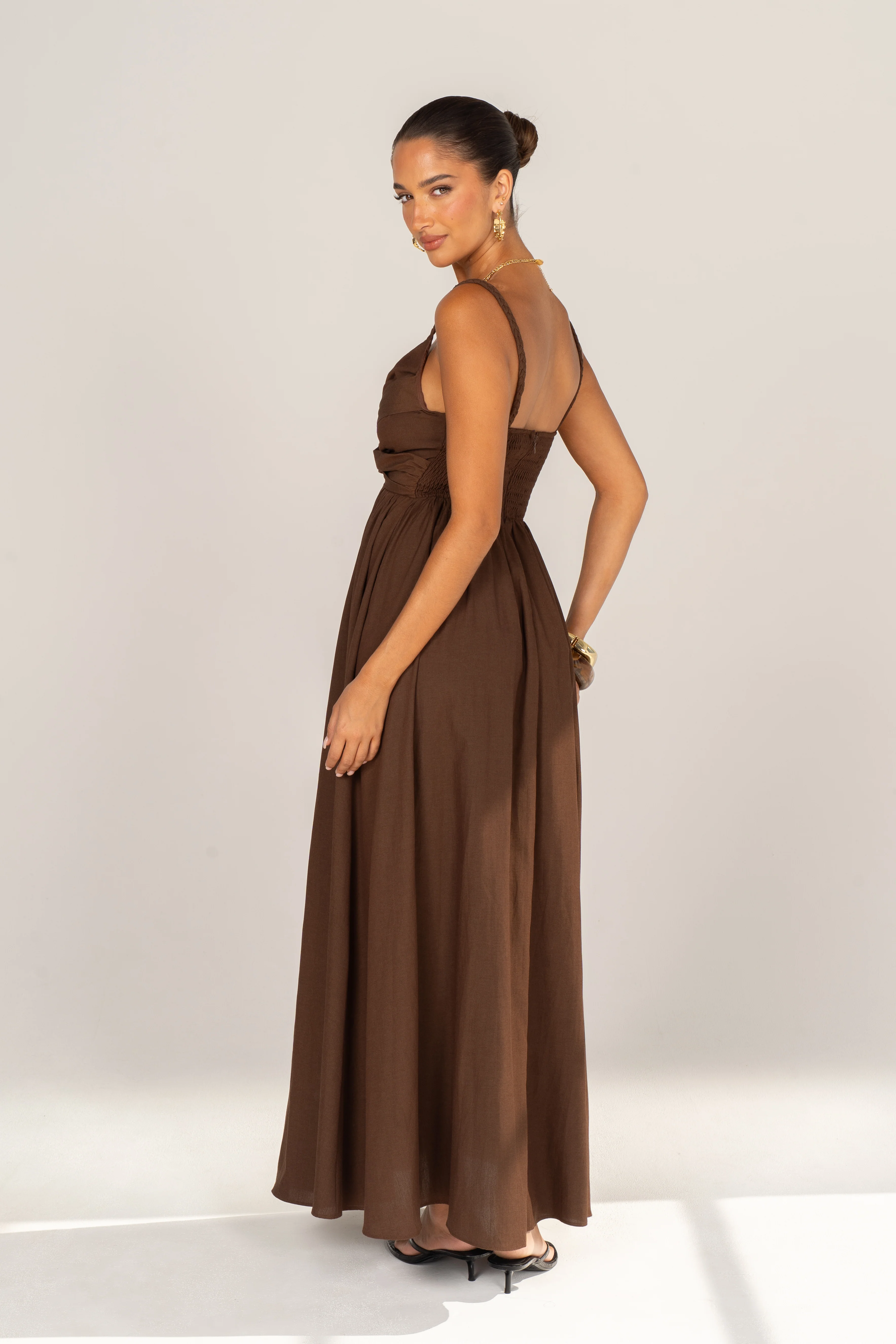 Nerina Chocolate V-Neck Maxi Dress with Gold Accent - Image 5