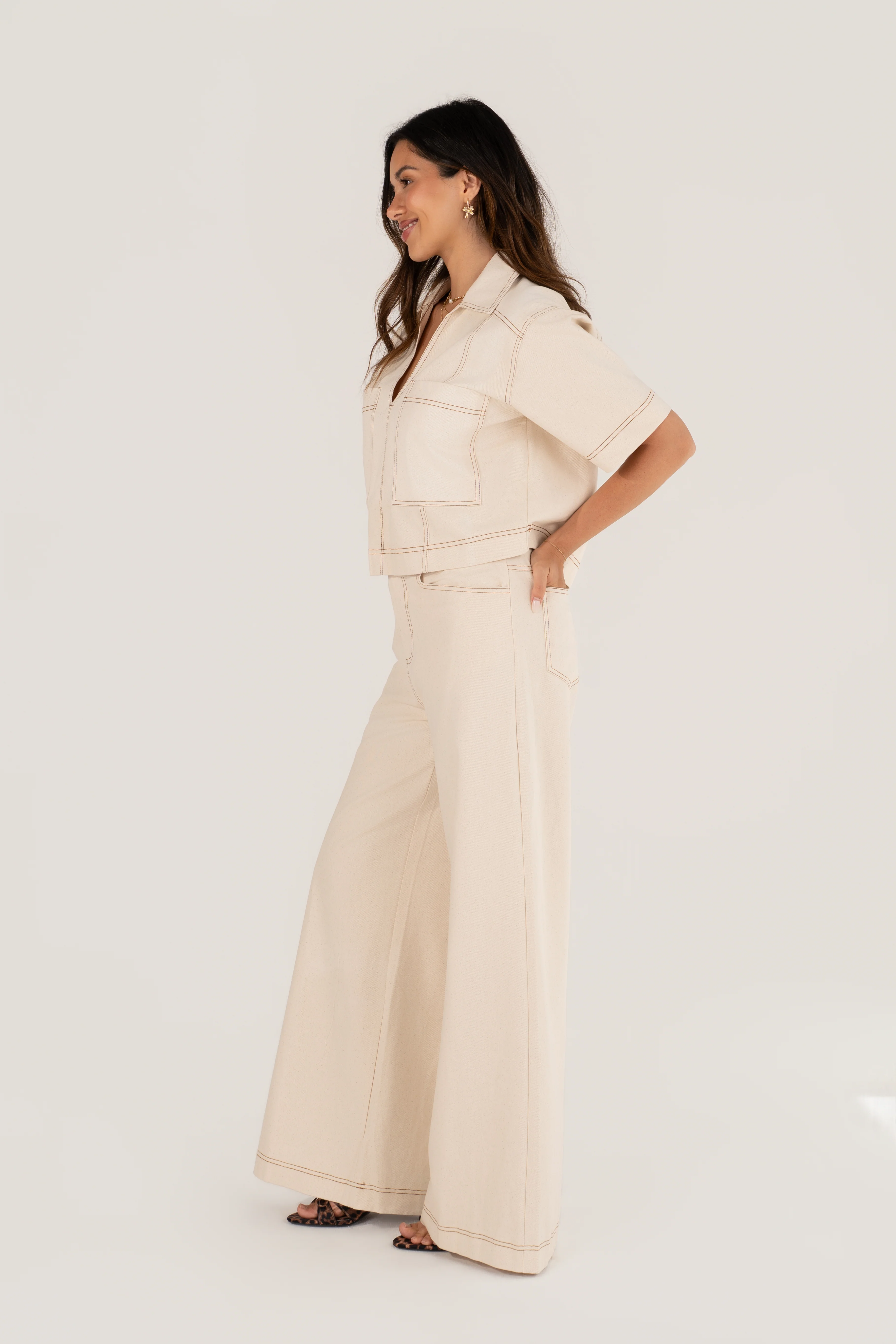 Nia Cream Short Sleeve Top & Wide Leg Pant Set - Image 2