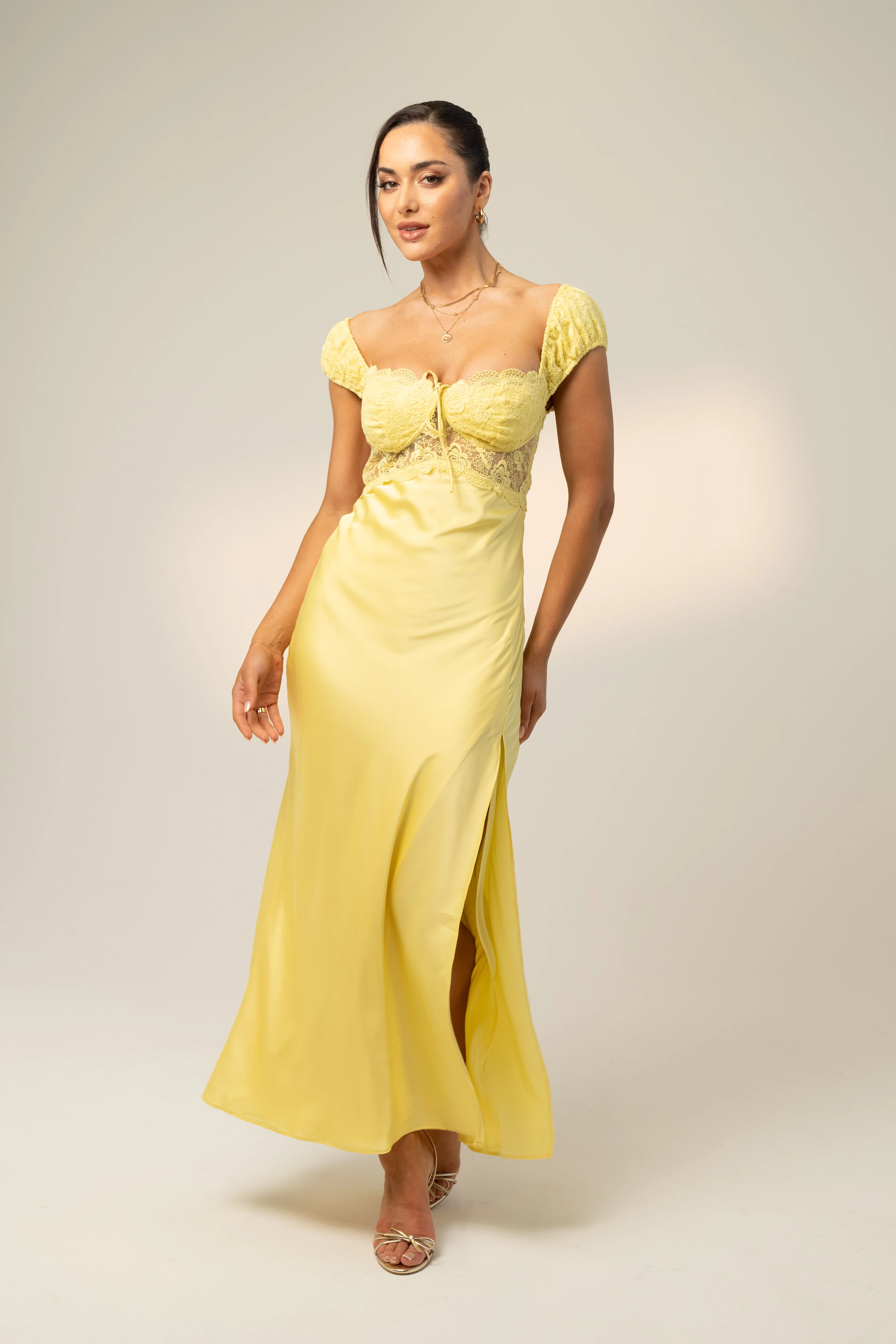 Nora Yellow Satin Capped Sleeve Maxi Dress