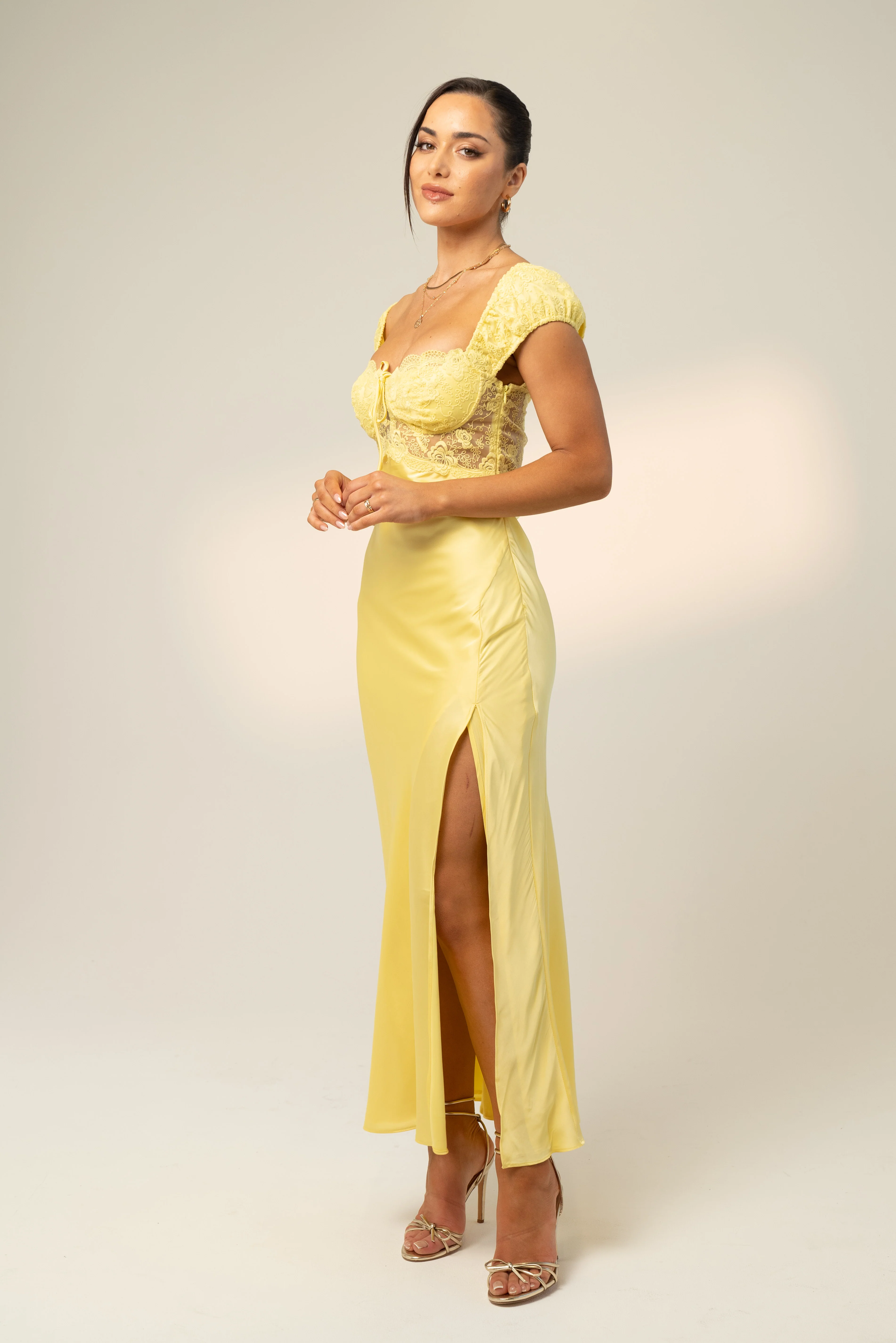 Nora Yellow Satin Capped Sleeve Maxi Dress - Image 2
