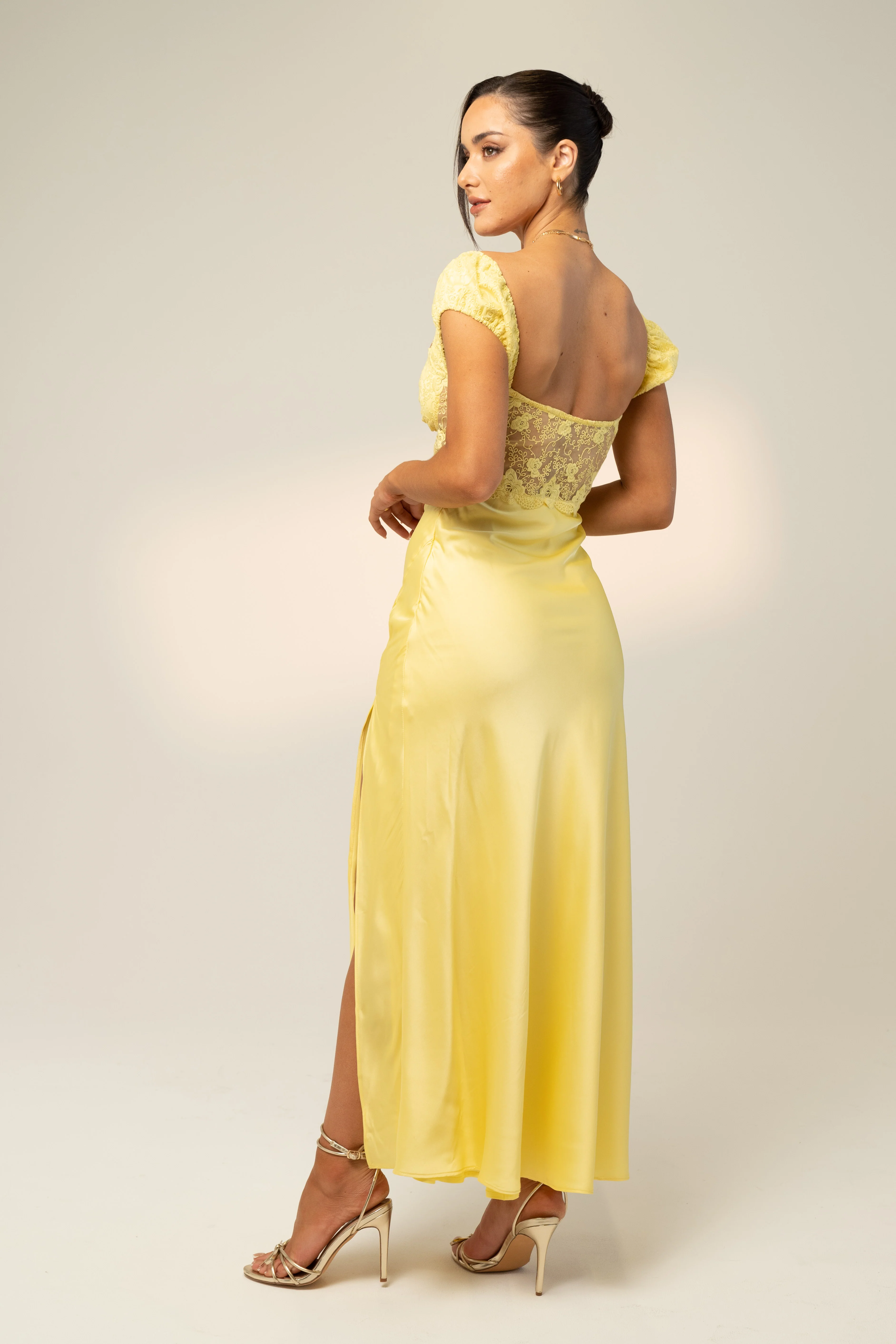 Nora Yellow Satin Capped Sleeve Maxi Dress - Image 3