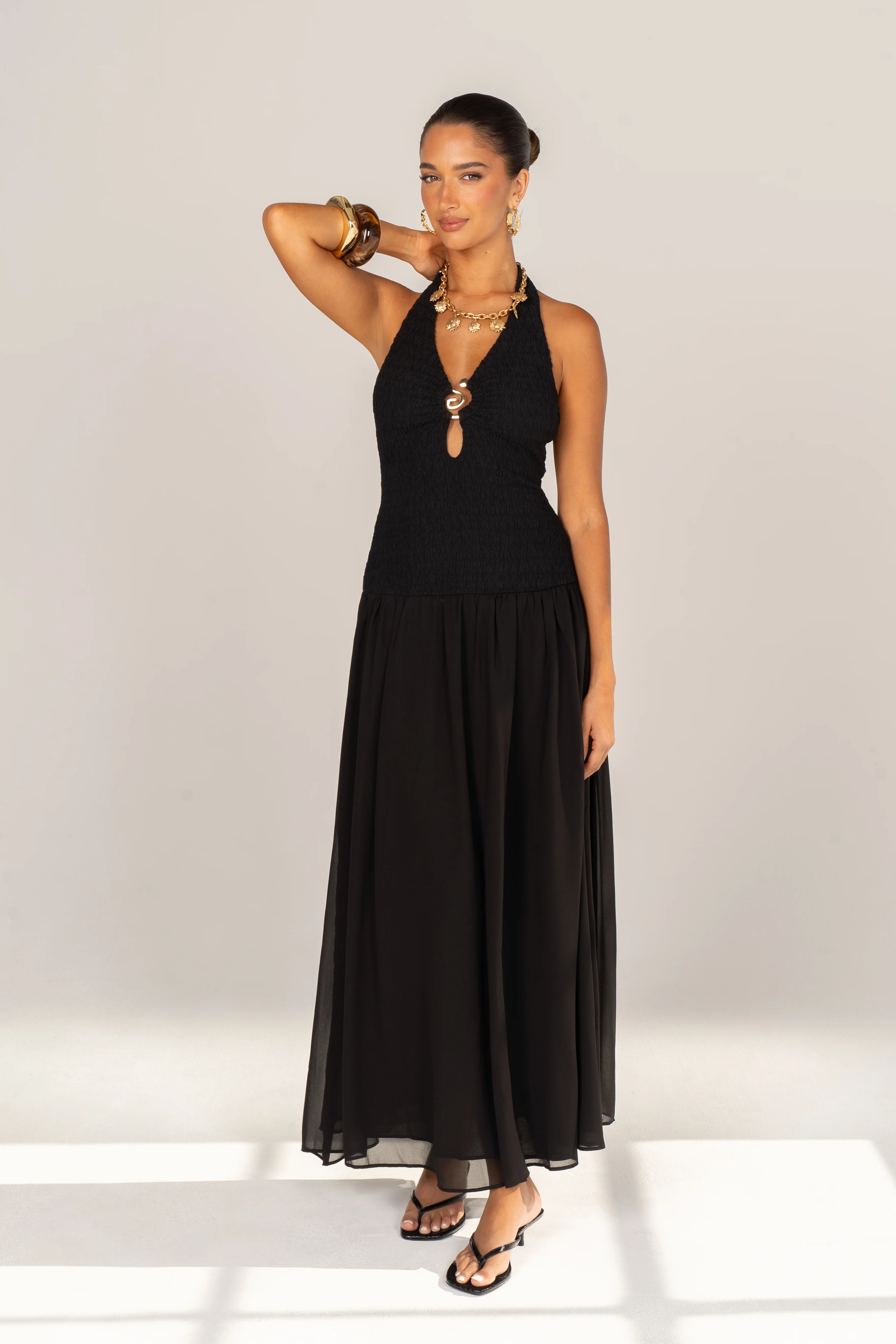 Odessa Black Halter Neck Smocked Maxi Dress