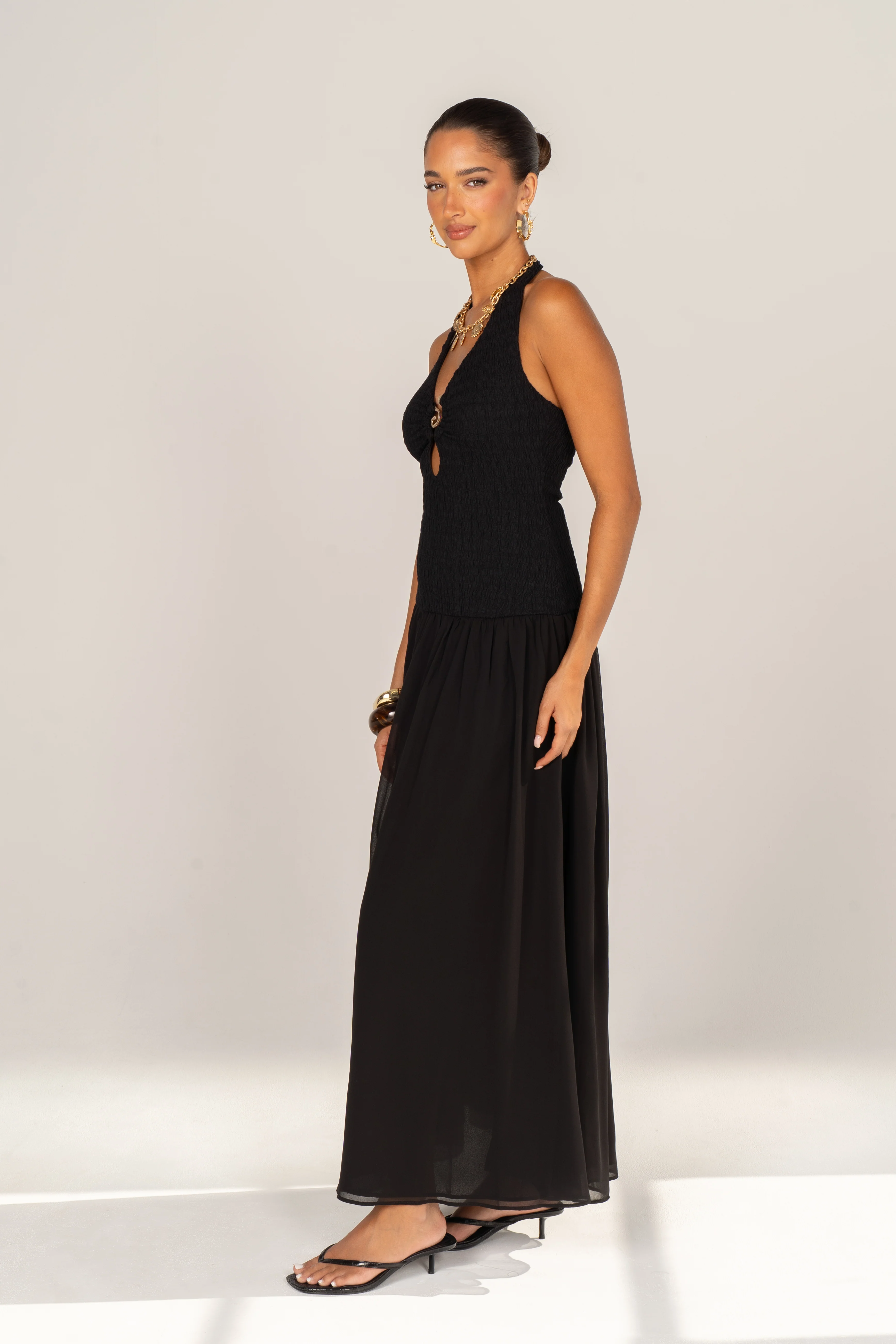 Odessa Black Halter Neck Smocked Maxi Dress - Image 2