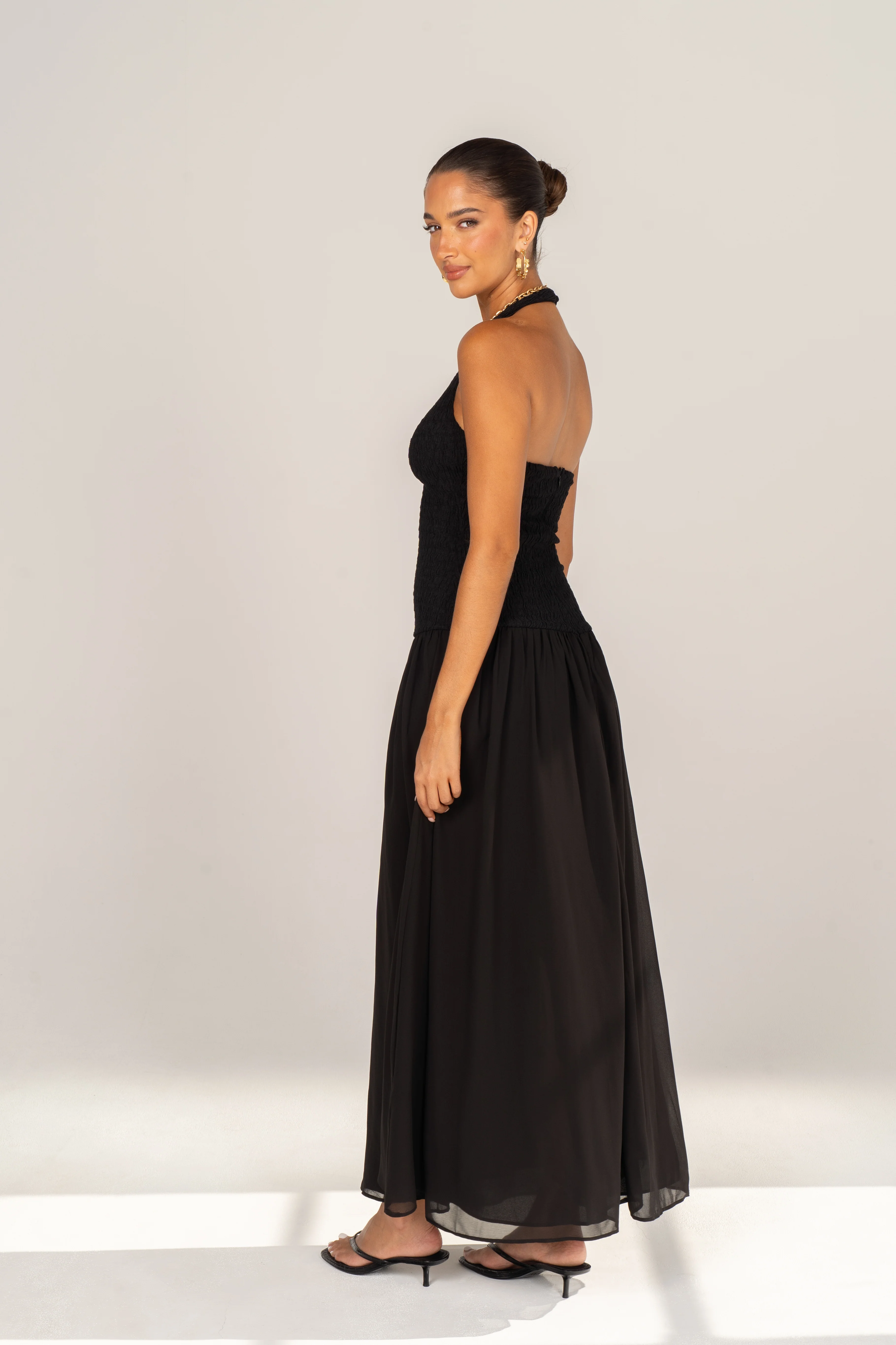 Odessa Black Halter Neck Smocked Maxi Dress - Image 3