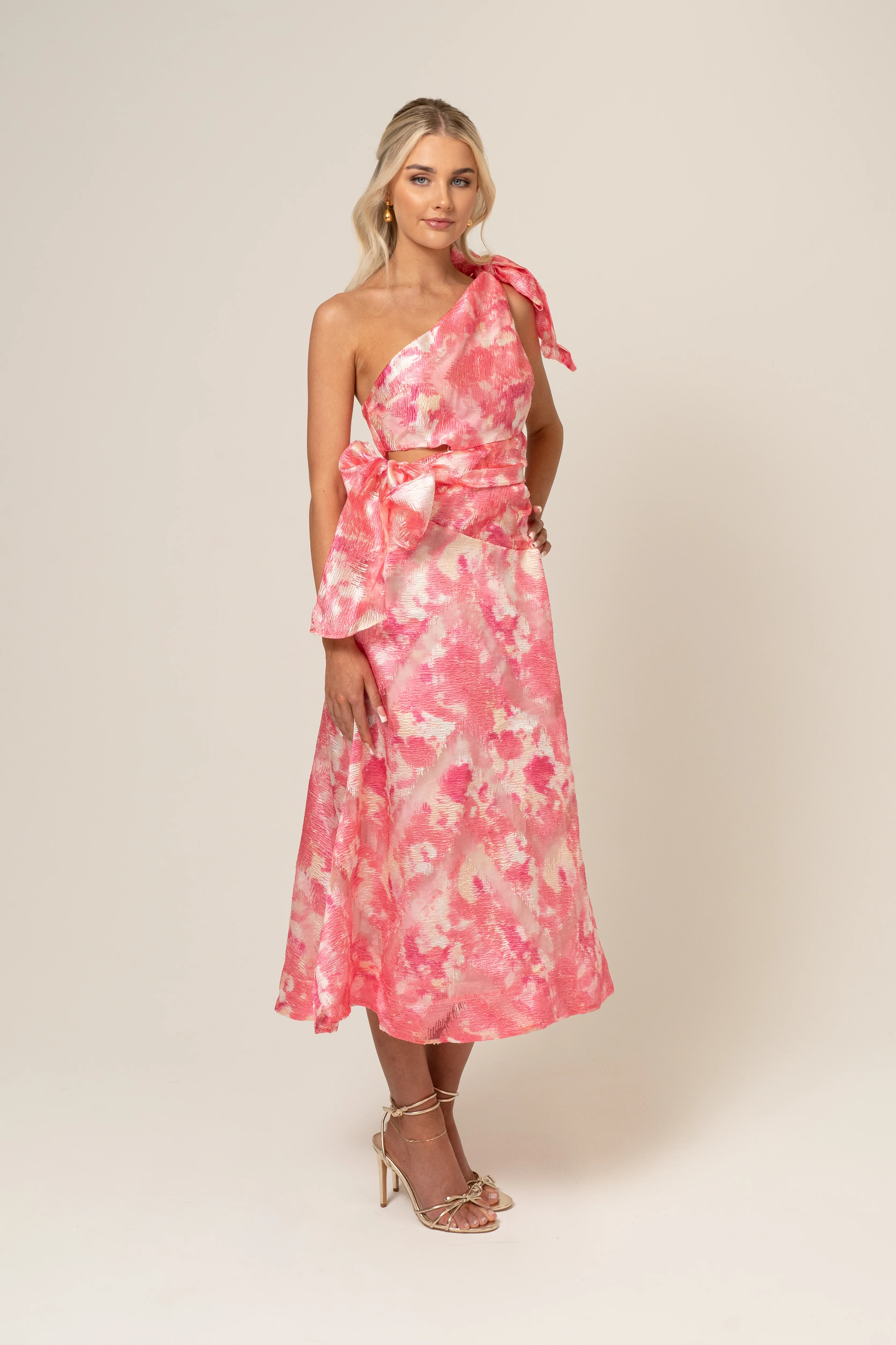 Olivia One Shoulder Pink Print Midi Dress - Image 2