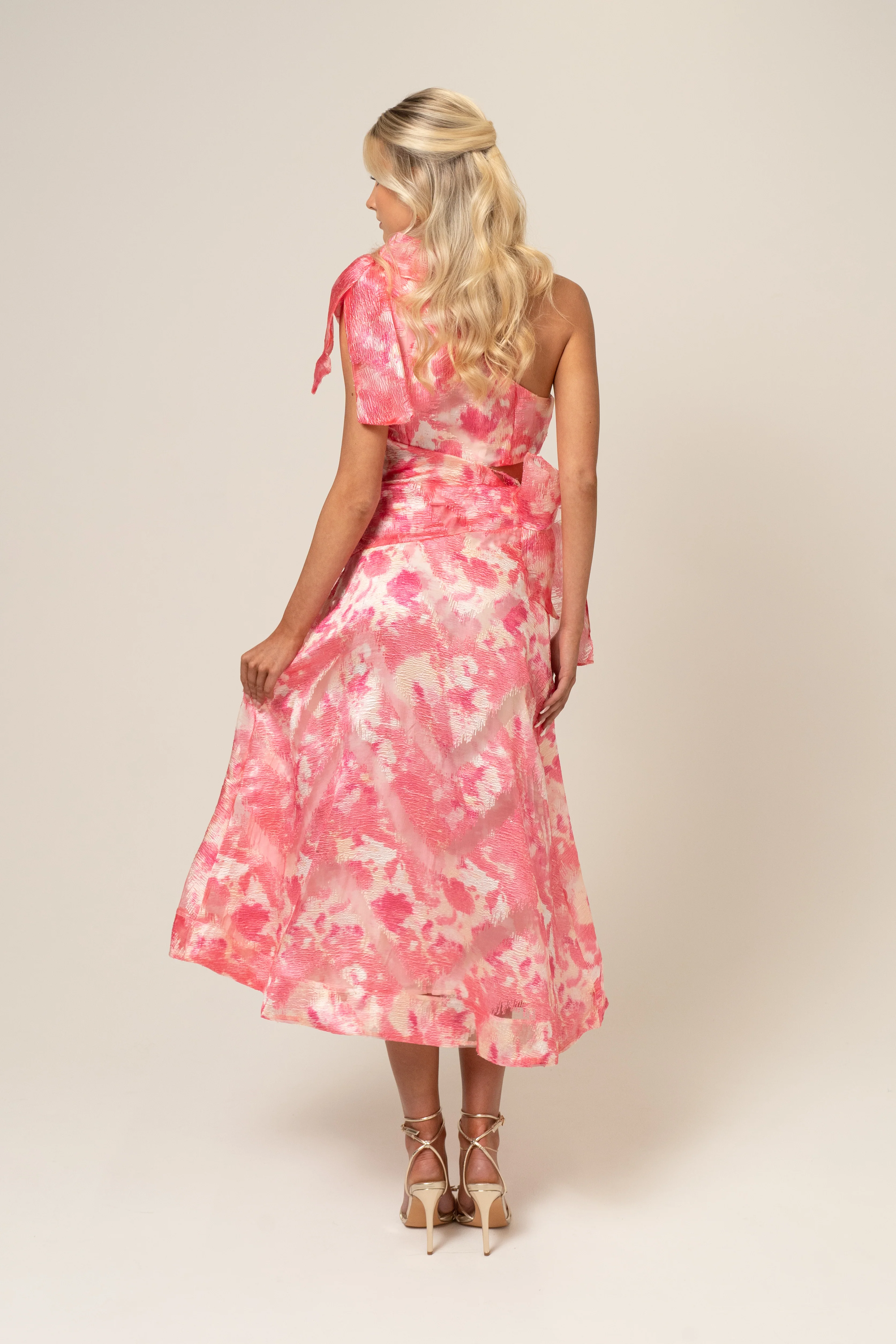 Olivia One Shoulder Pink Print Midi Dress - Image 3