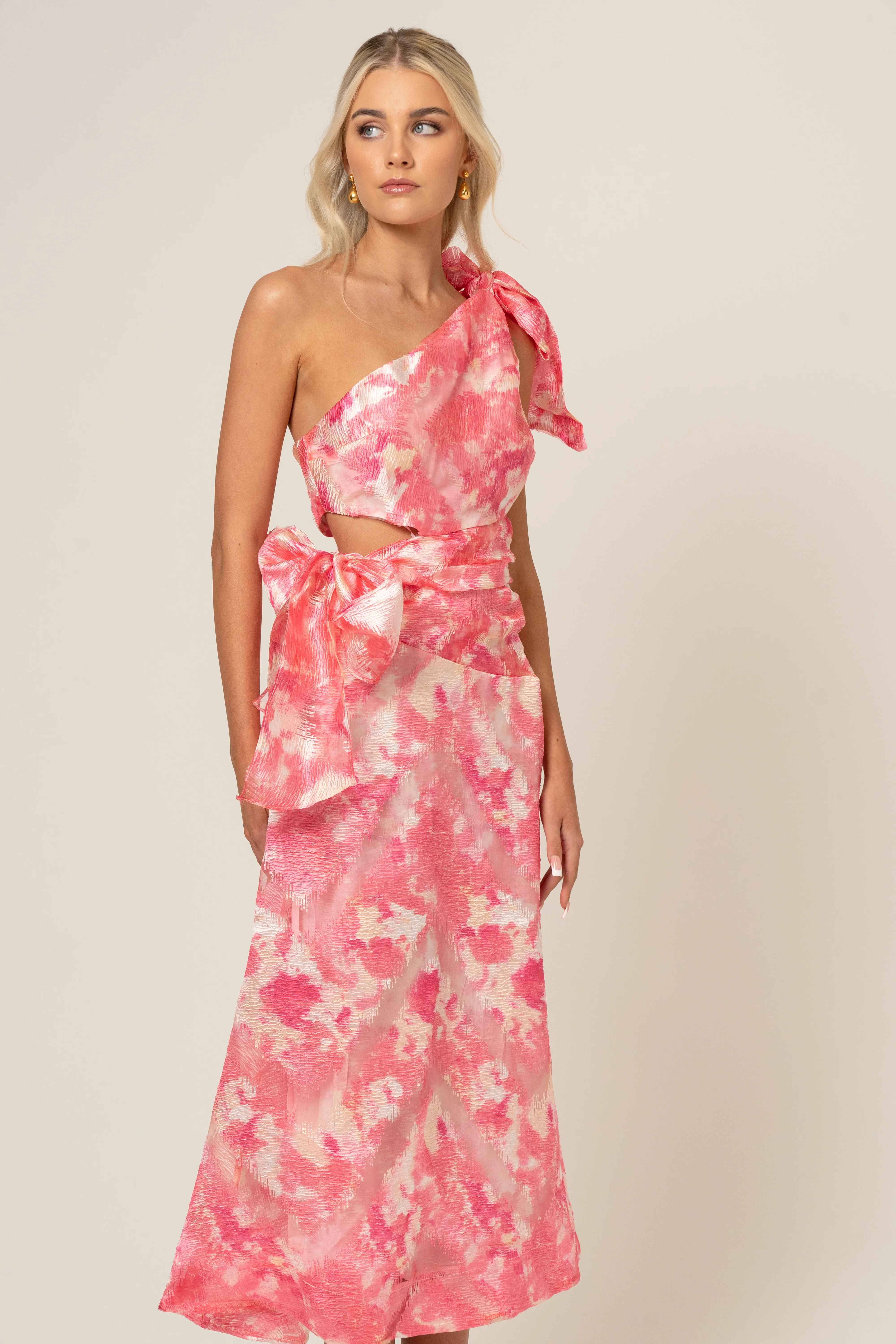 Olivia One Shoulder Pink Print Midi Dress - Image 4