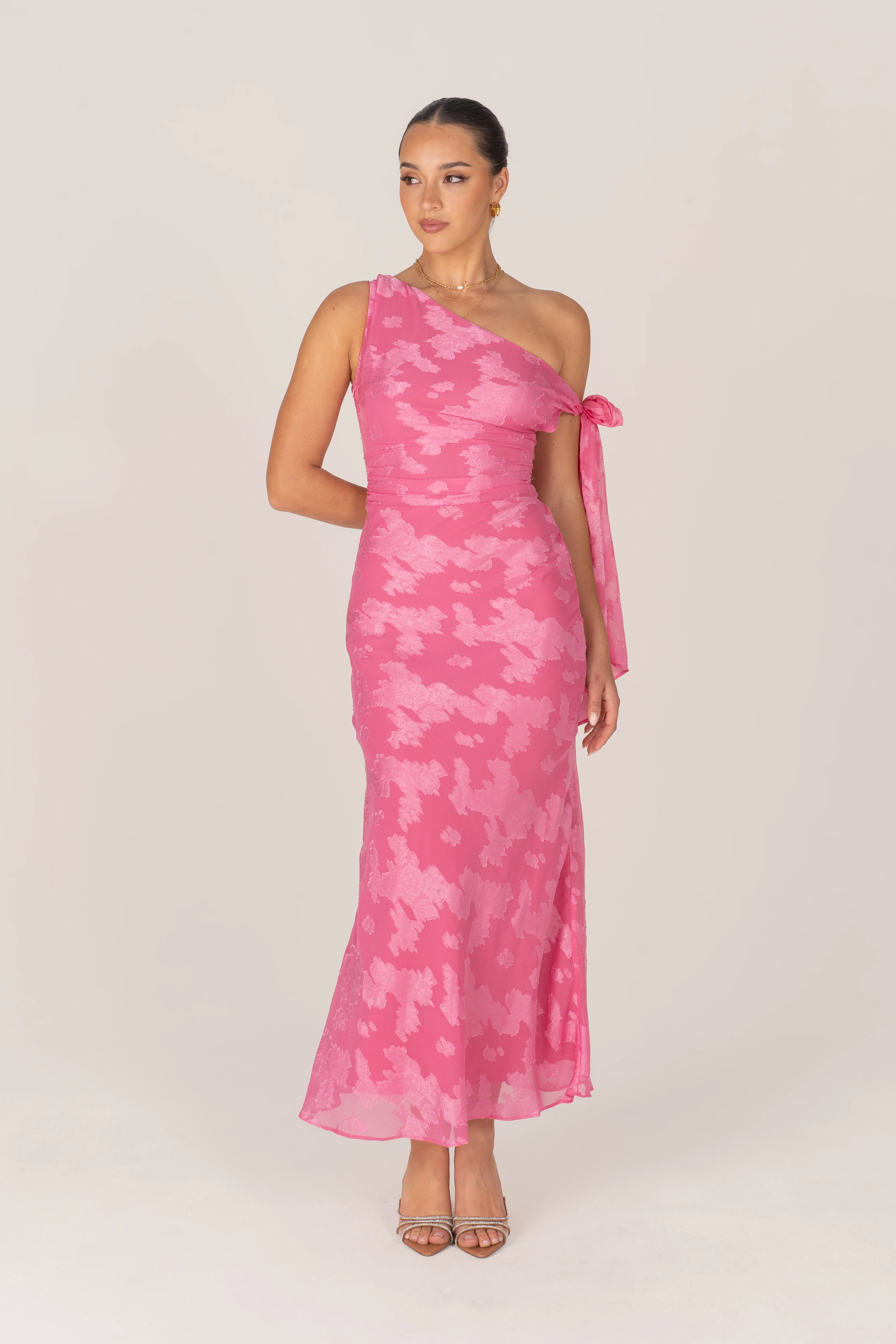Olympia Asymmetrical Pink Drop-Shoulder Midi with Tie - Image 2