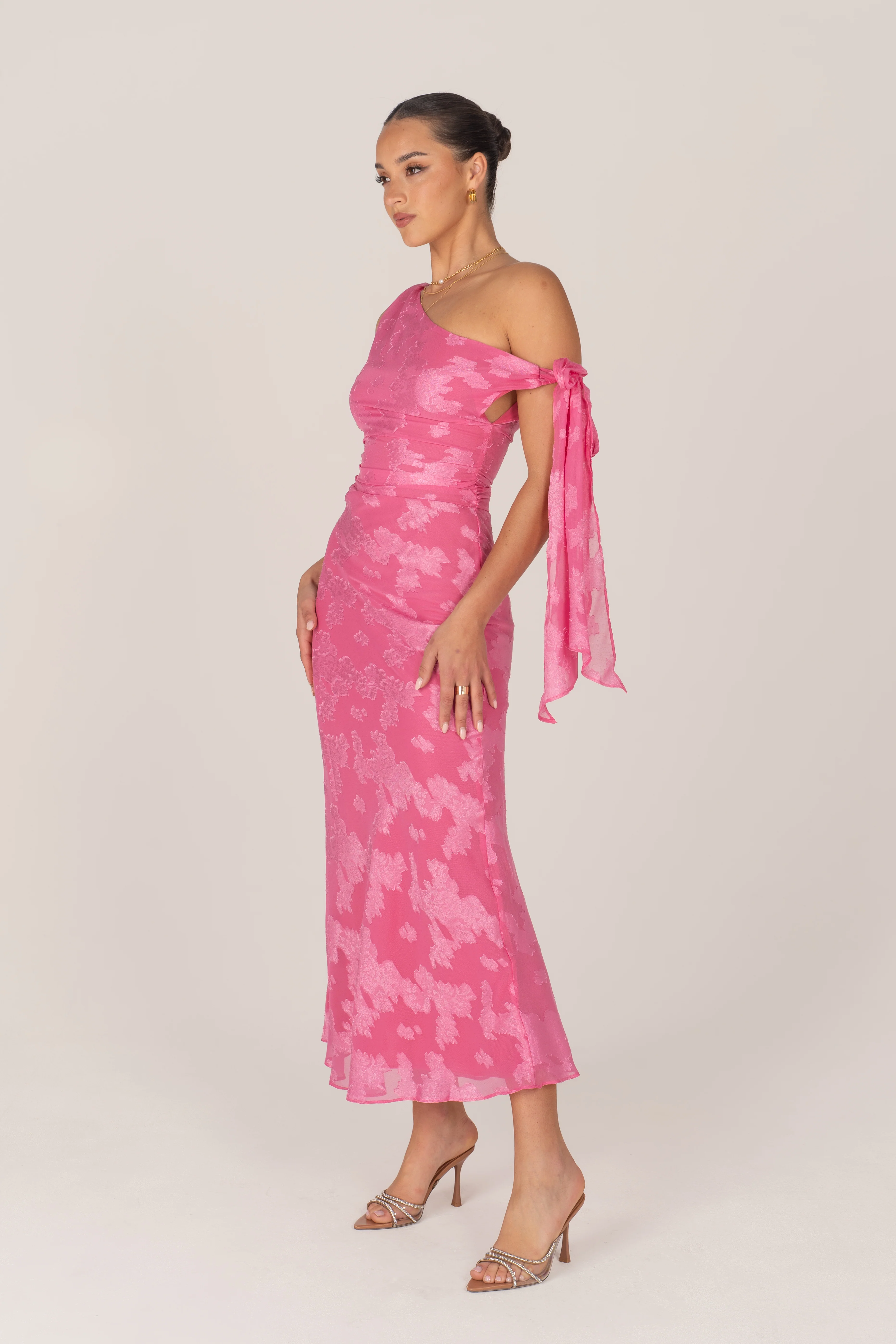 Olympia Asymmetrical Pink Drop-Shoulder Midi with Tie - Image 3