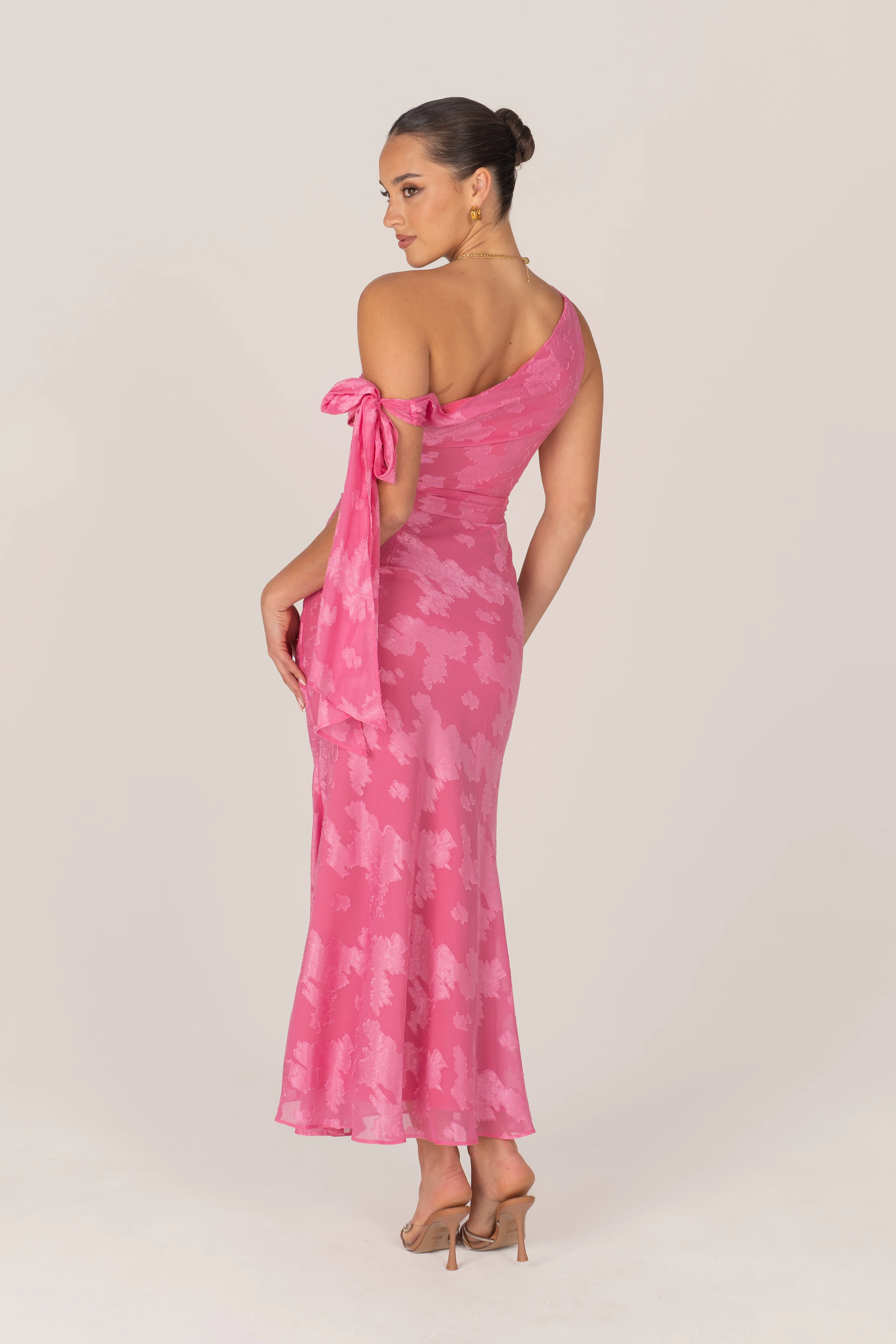 Olympia Asymmetrical Pink Drop-Shoulder Midi with Tie - Image 4
