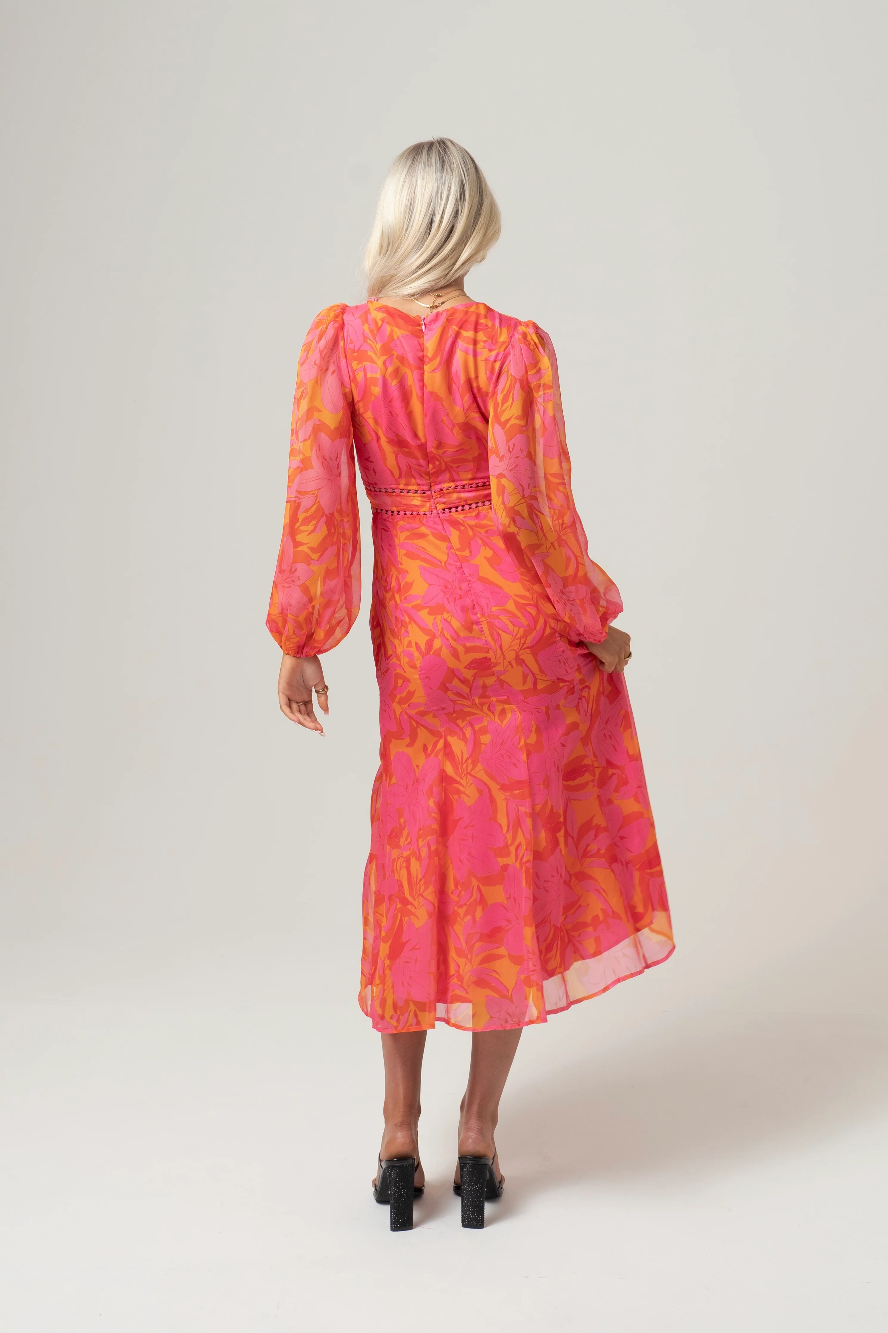 Pia Pink Print Midi Dress with Billowed Sleeves - Image 3