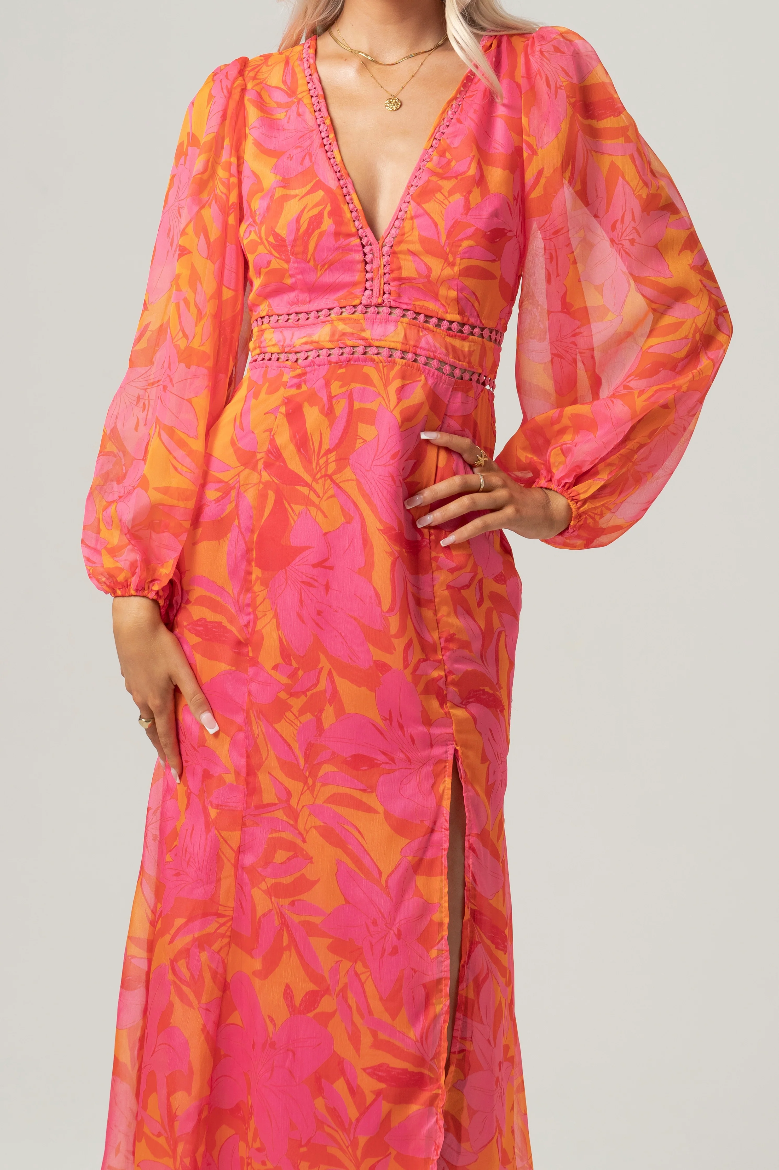 Pia Pink Print Midi Dress with Billowed Sleeves - Image 4