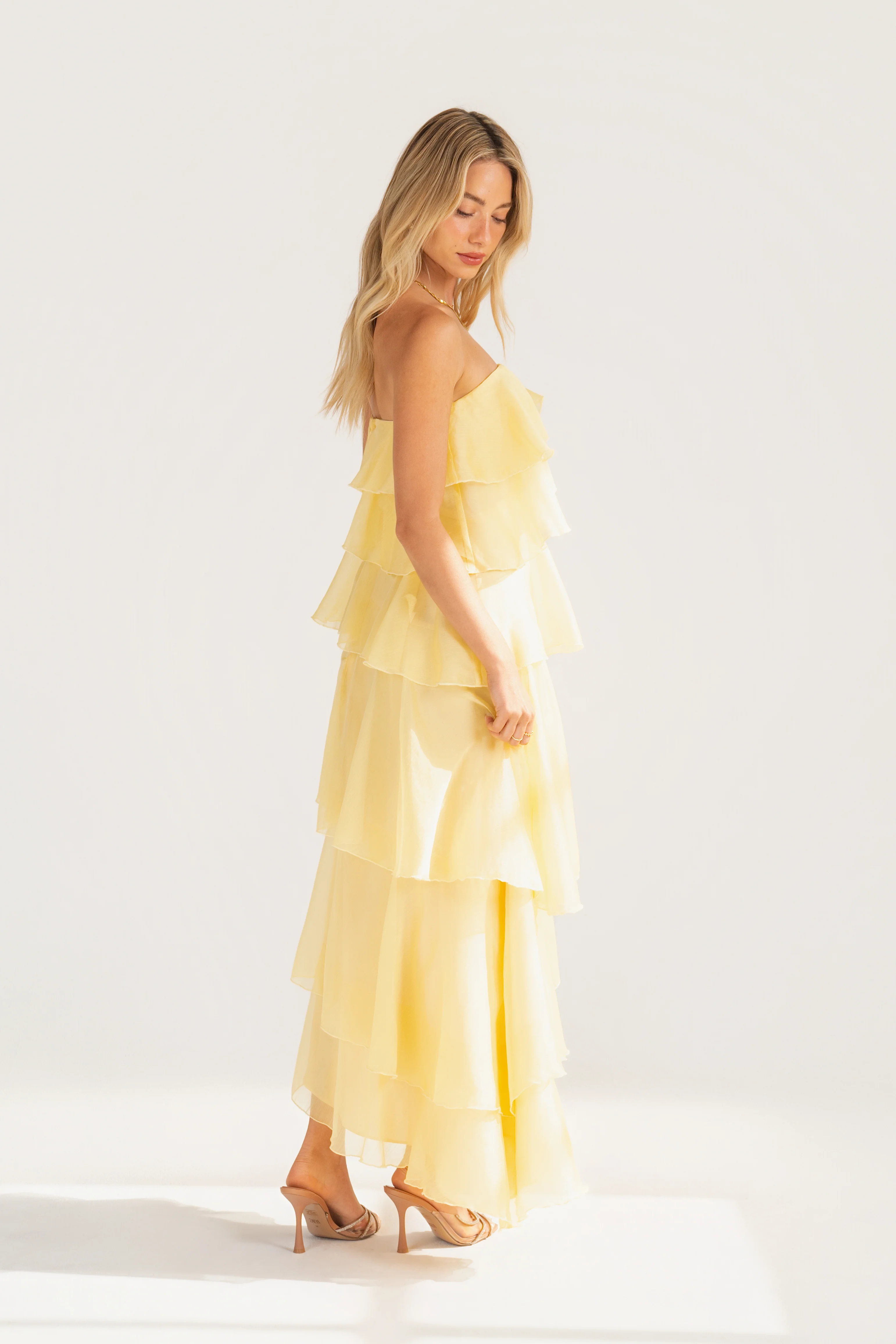 Piper Strapless Yellow Cascading Tier Maxi Dress - Image 3