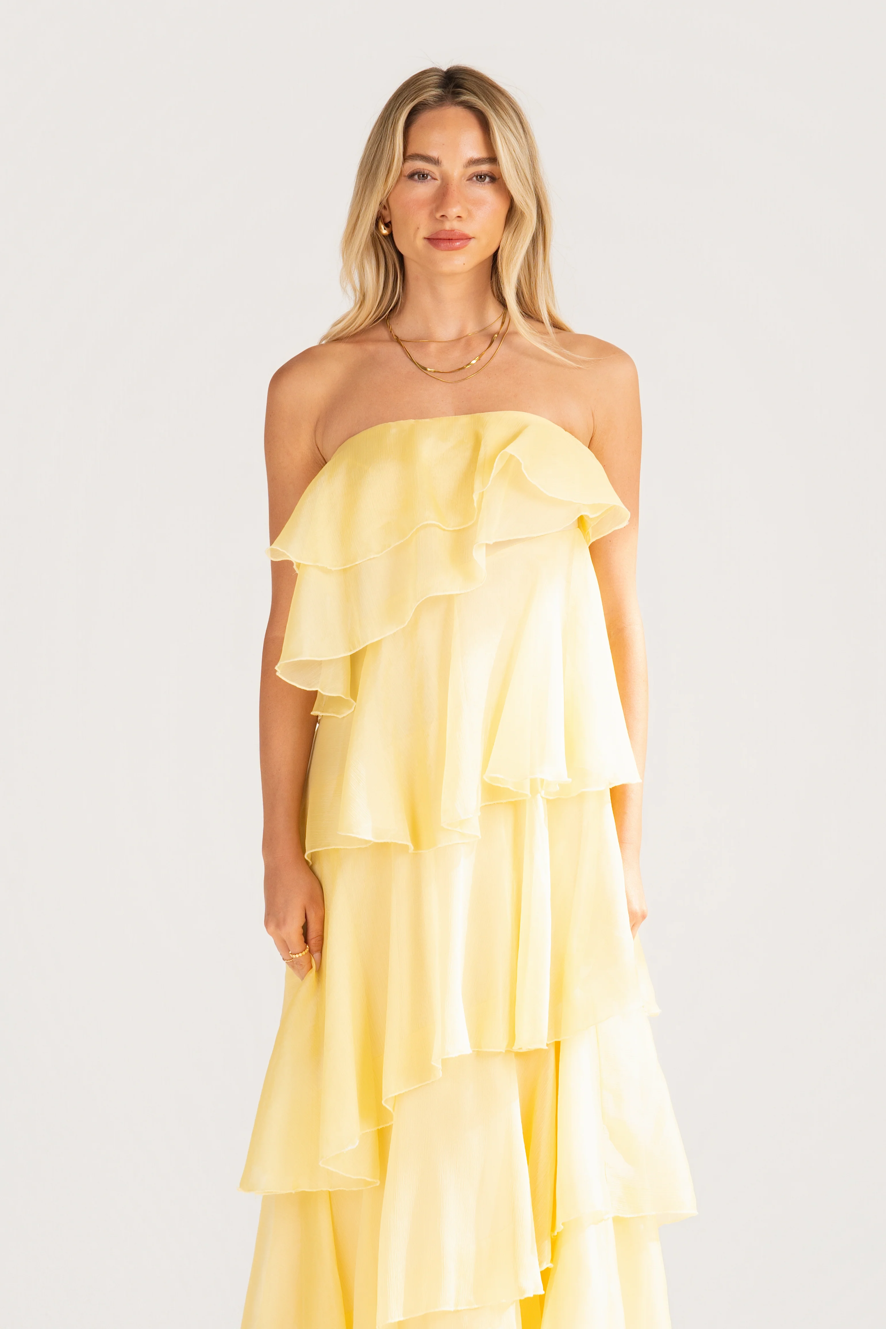 Piper Strapless Yellow Cascading Tier Maxi Dress - Image 4