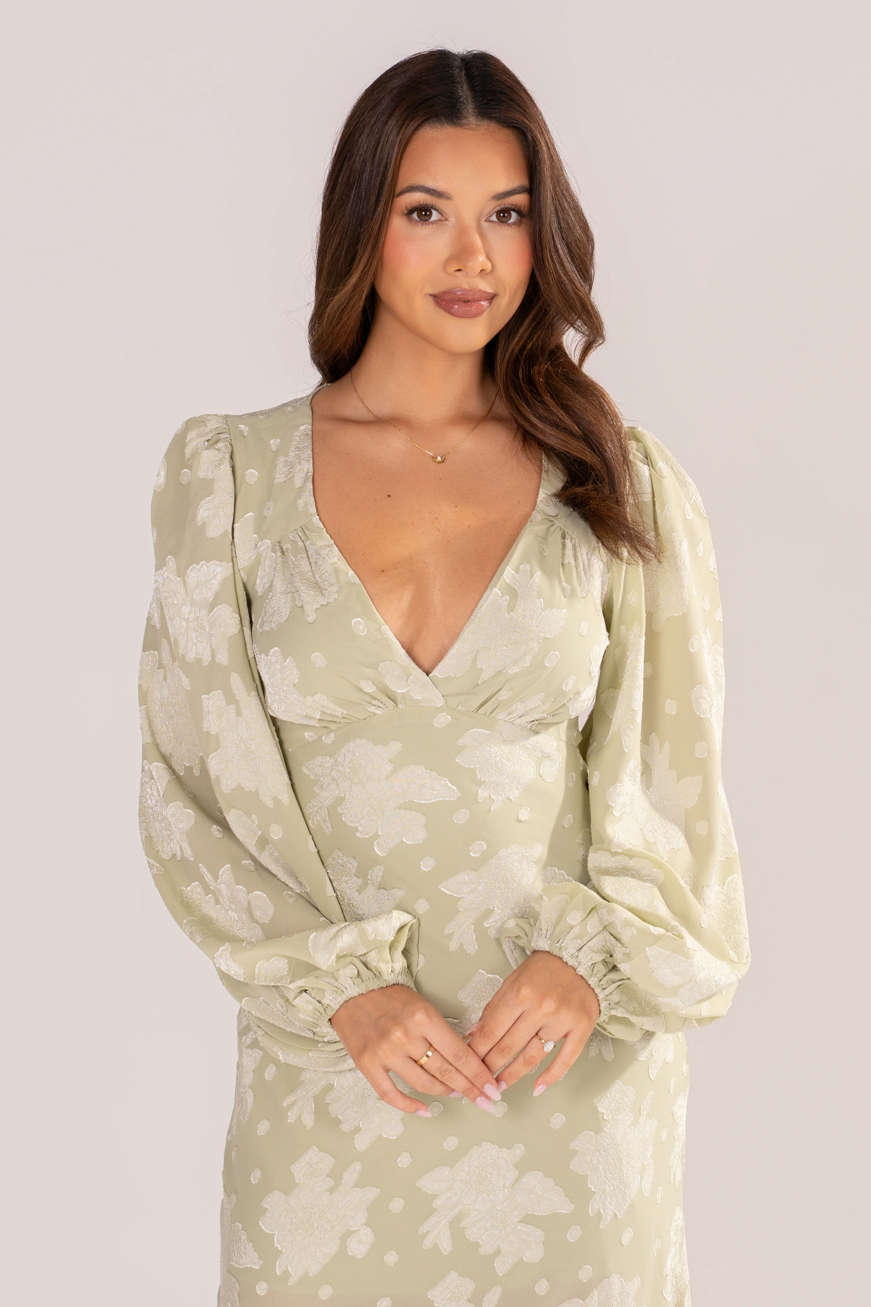 Primrose Soft Green Long Sleeve Floral Maxi Dress - Image 4