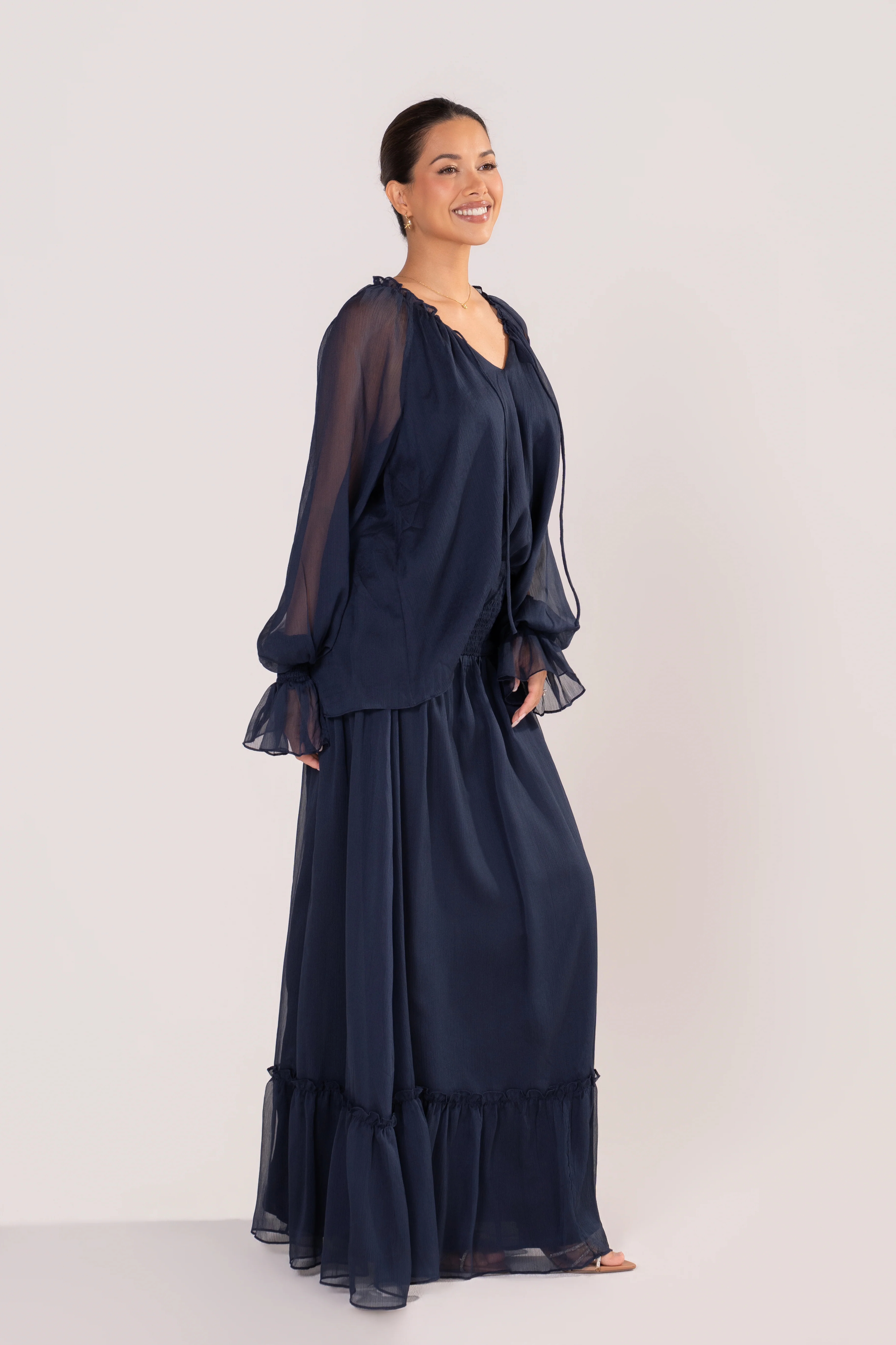 Querida Long Sleeve Navy Blouse & Maxi Skirt Set