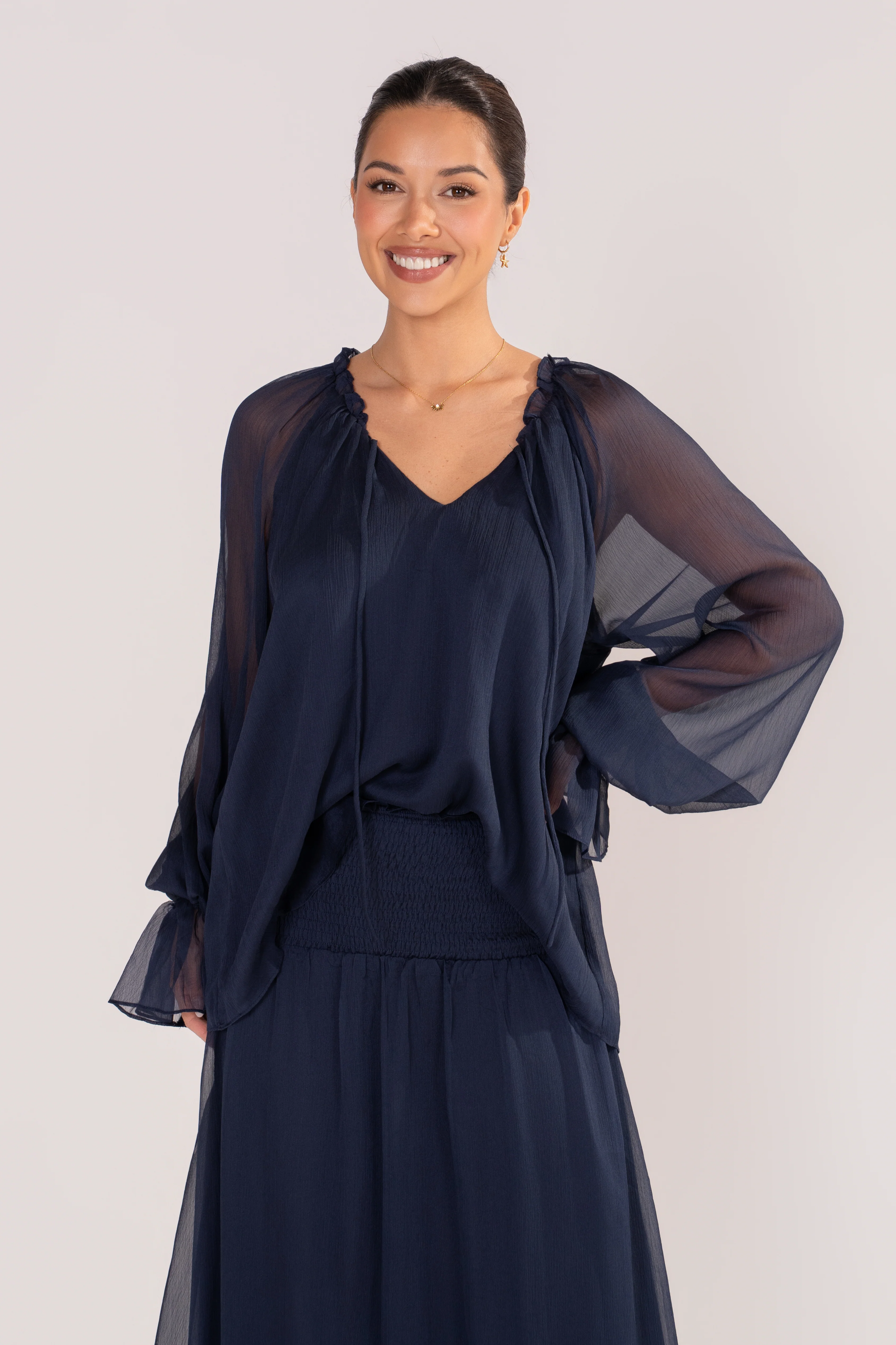 Querida Long Sleeve Navy Blouse & Maxi Skirt Set - Image 3
