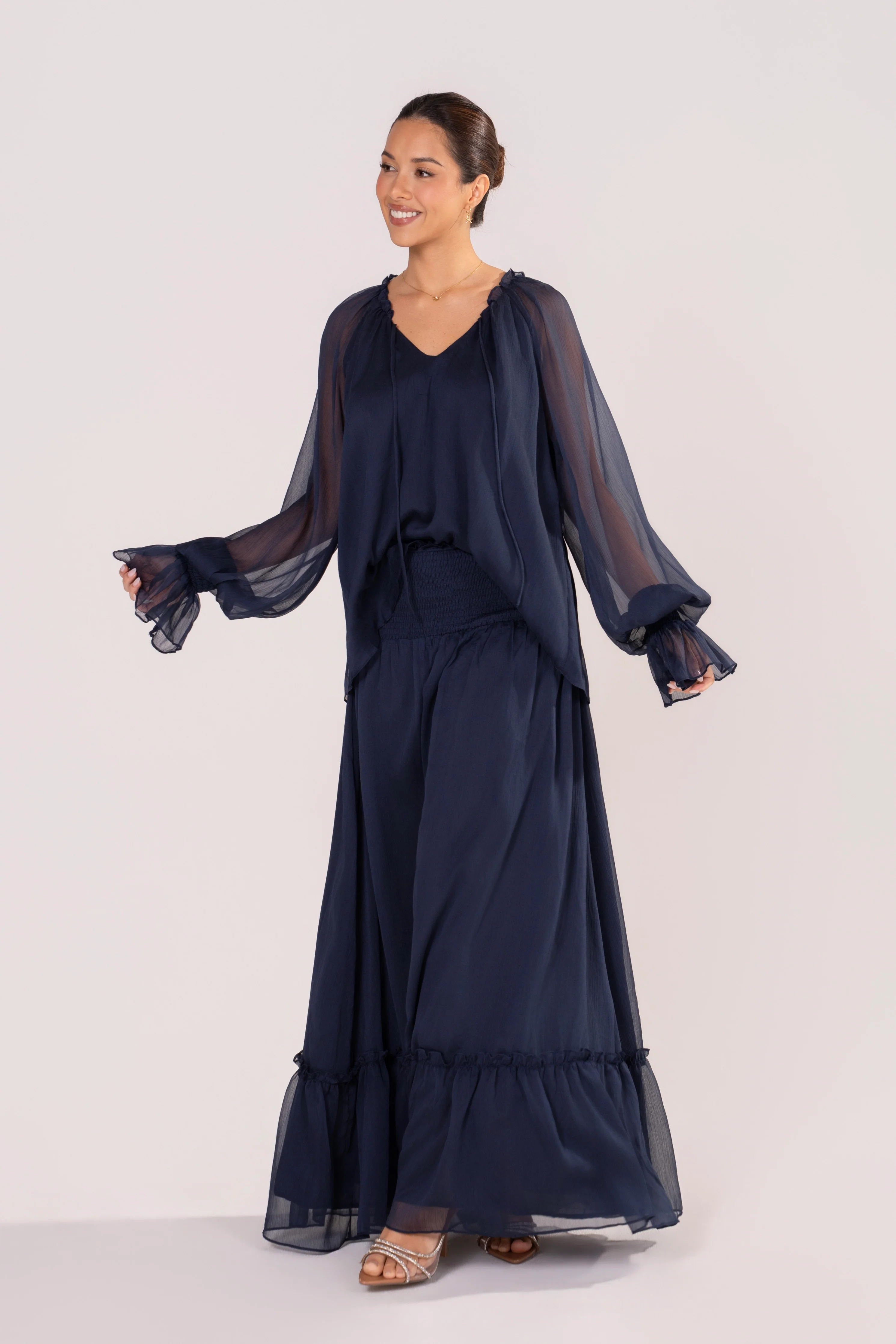 Querida Long Sleeve Navy Blouse & Maxi Skirt Set - Image 4