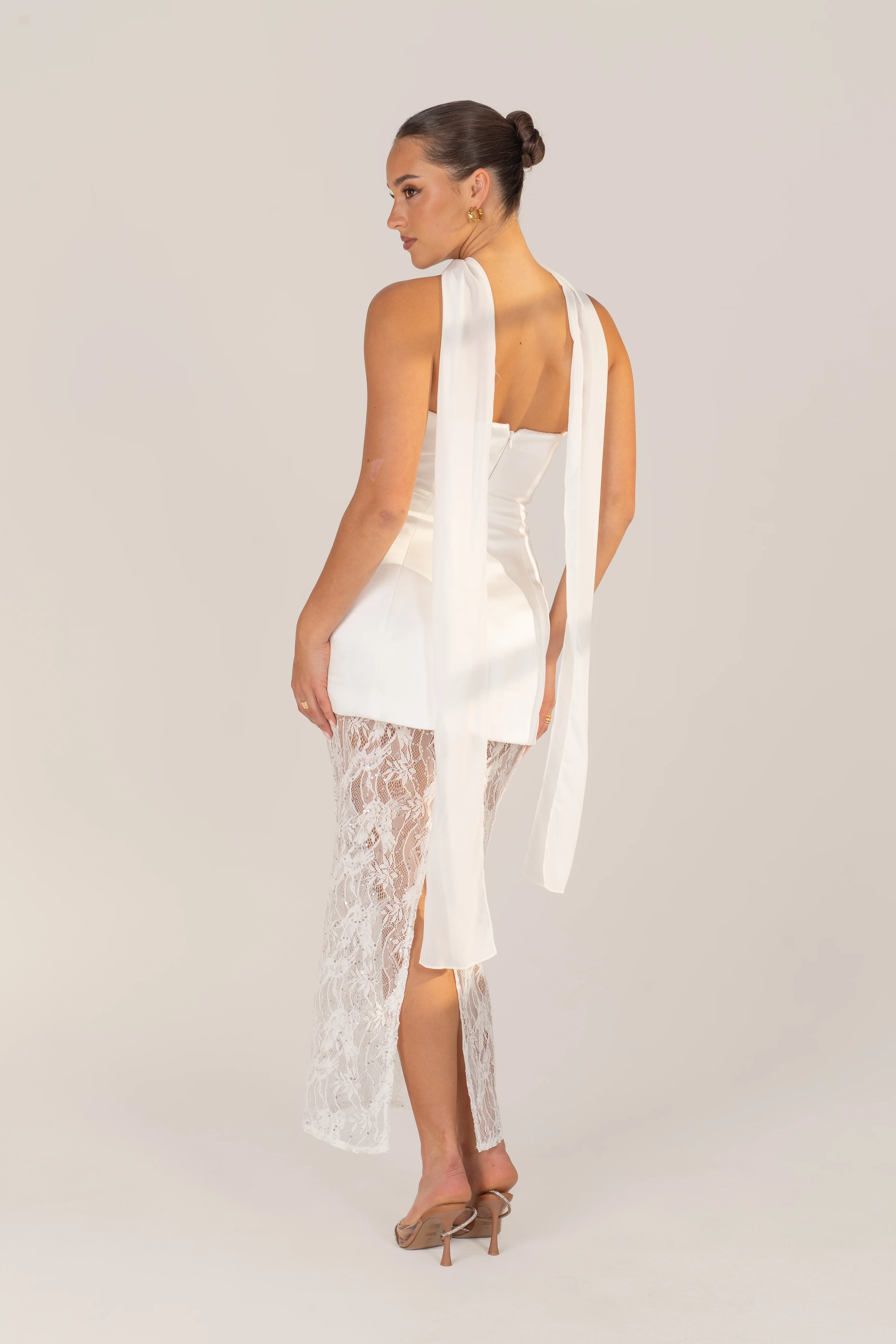 Quinn White Gown with Lace Hem & Detachable Scarf - Image 3