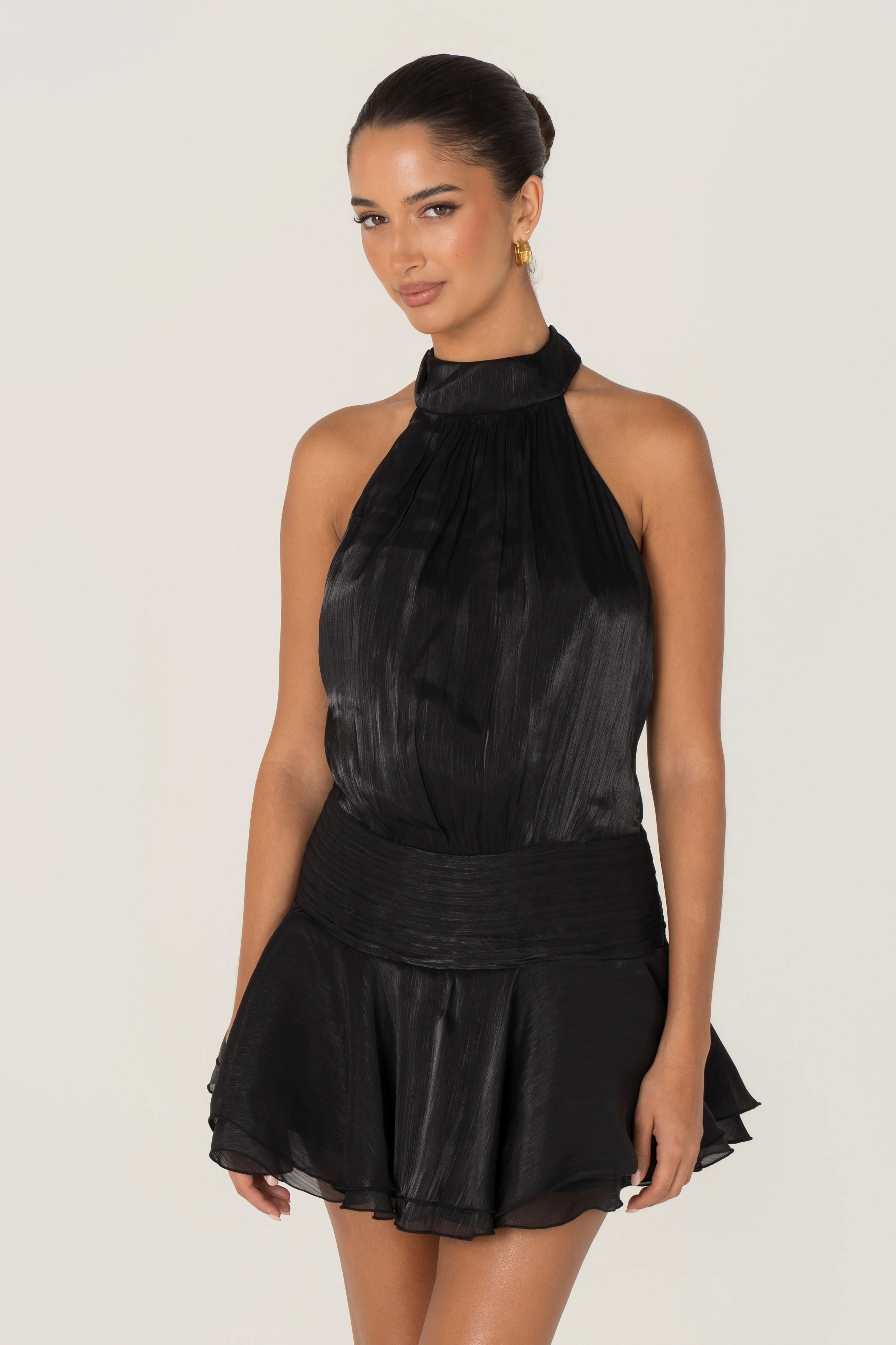 Reese Open Back Black Halter Mini Dress