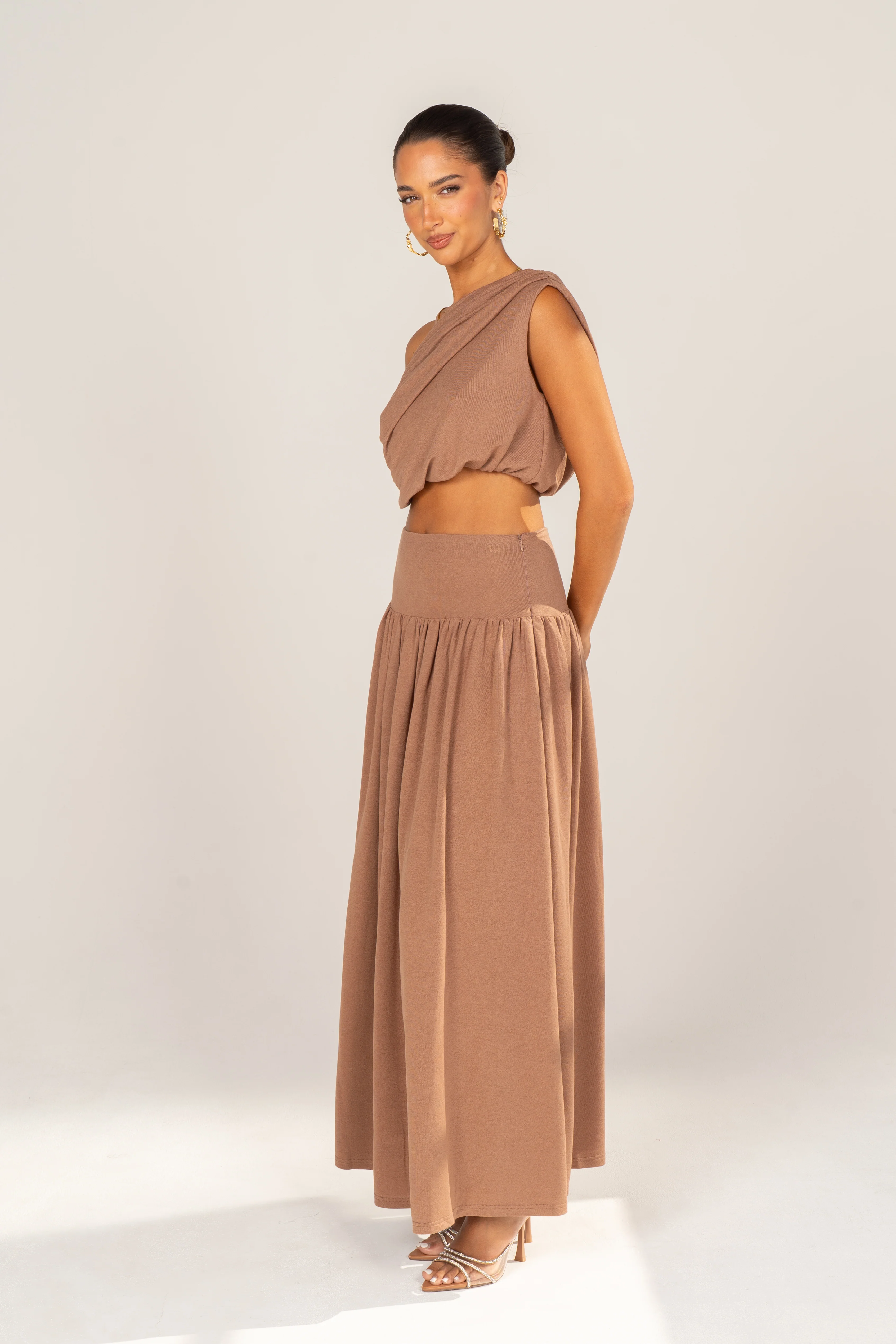 Remi Mocha Draped Crop & Maxi Skirt Set - Image 2