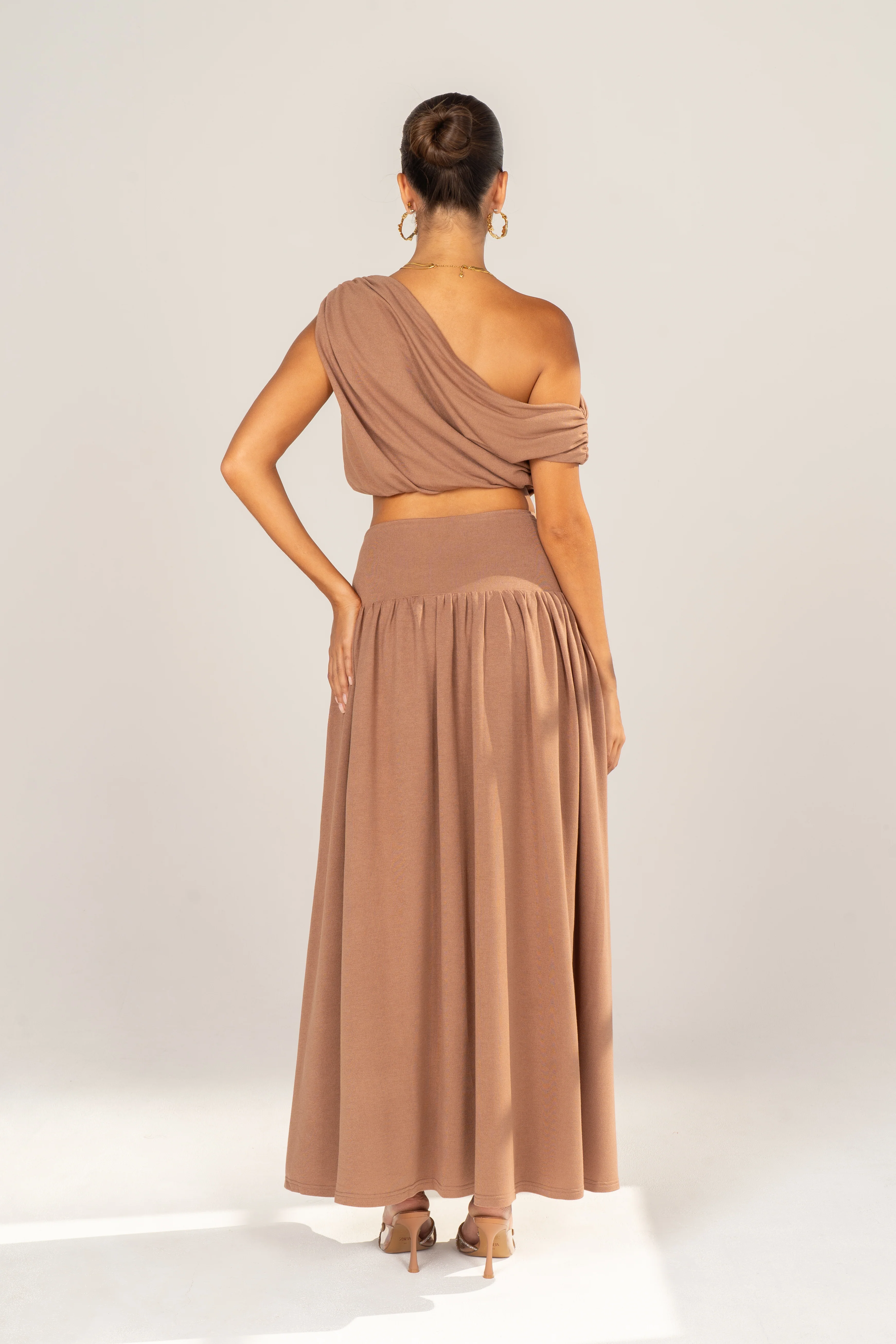 Remi Mocha Draped Crop & Maxi Skirt Set - Image 3