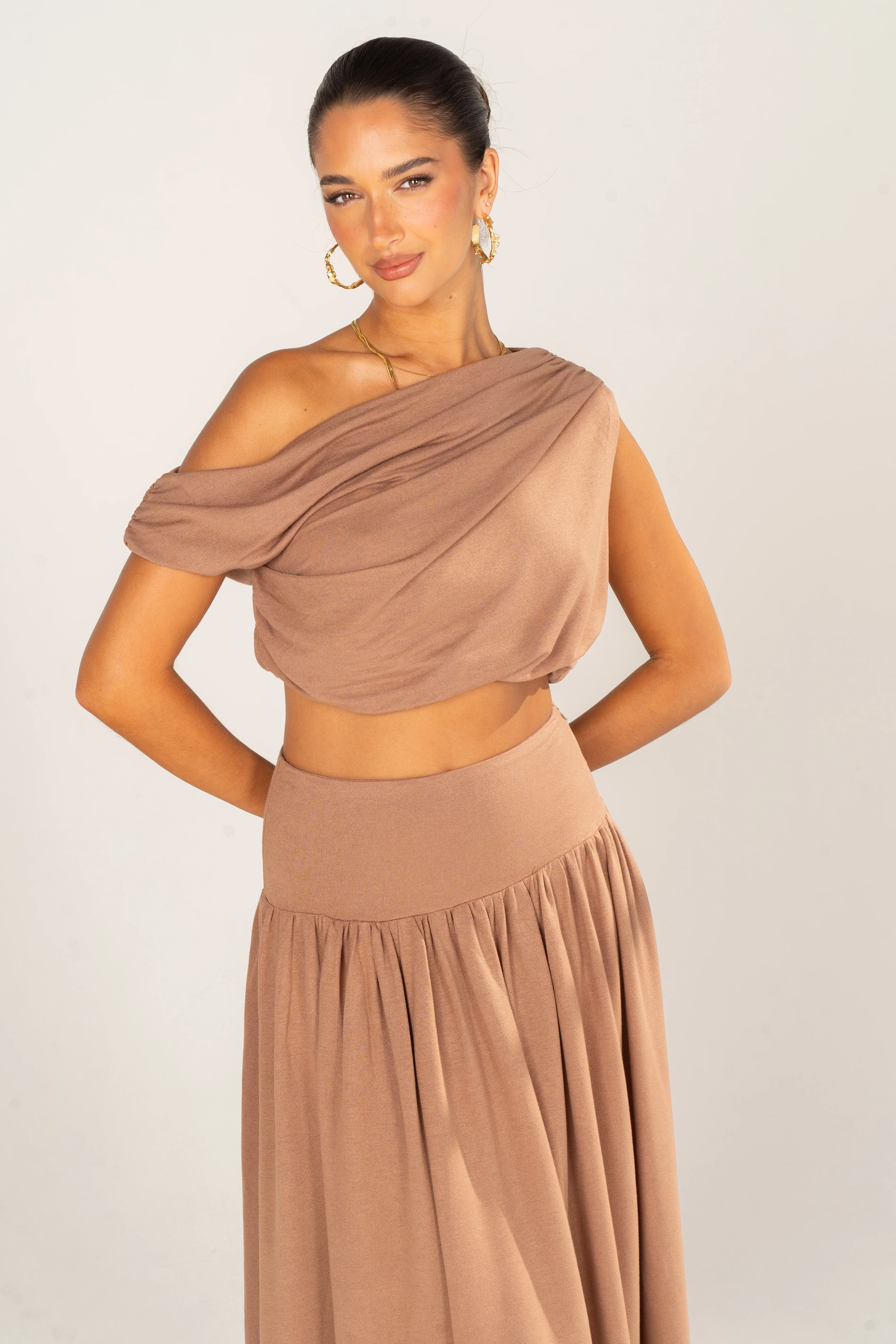 Remi Mocha Draped Crop & Maxi Skirt Set - Image 4