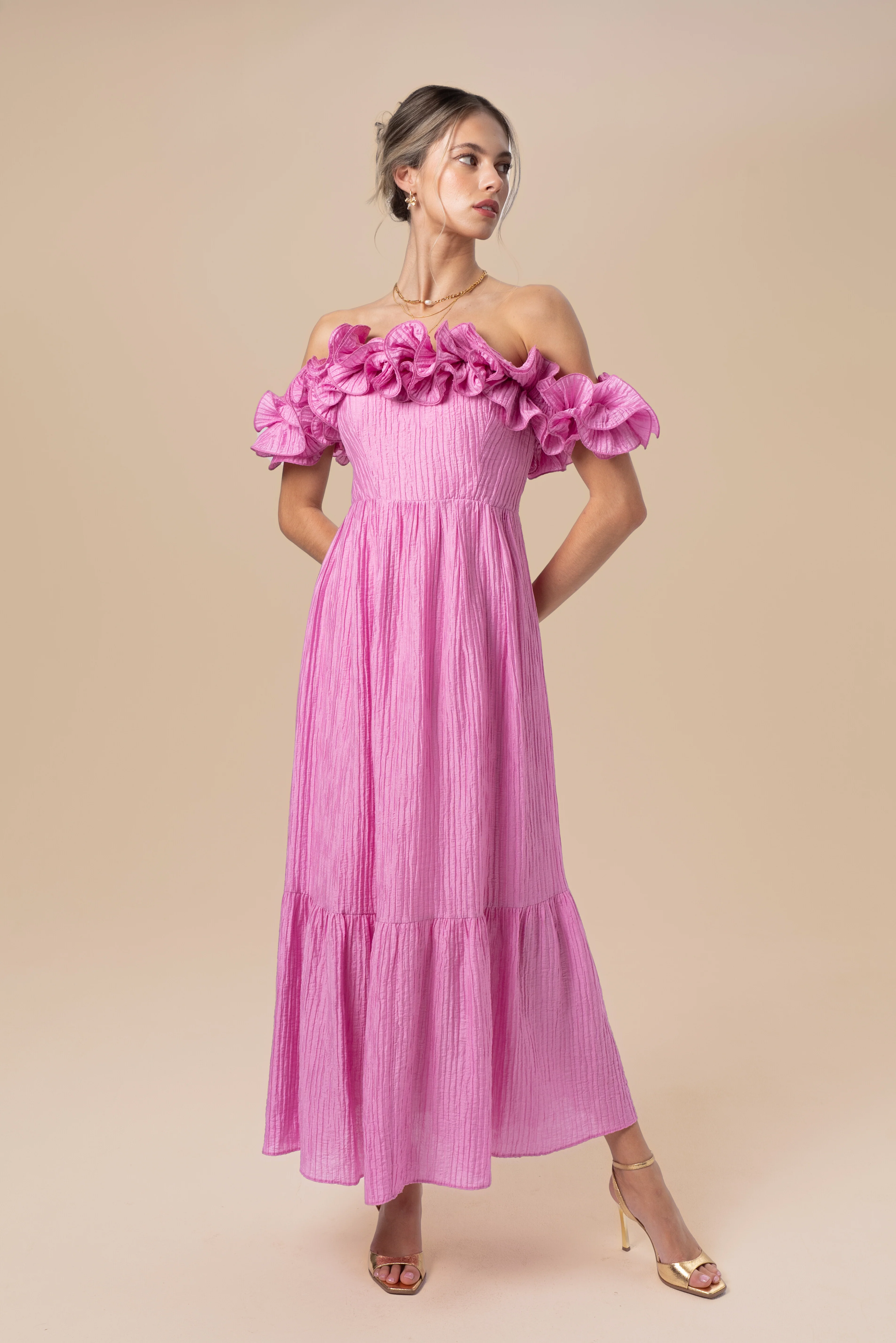 Rhea Off-Shoulder Ruffle Trim Midi