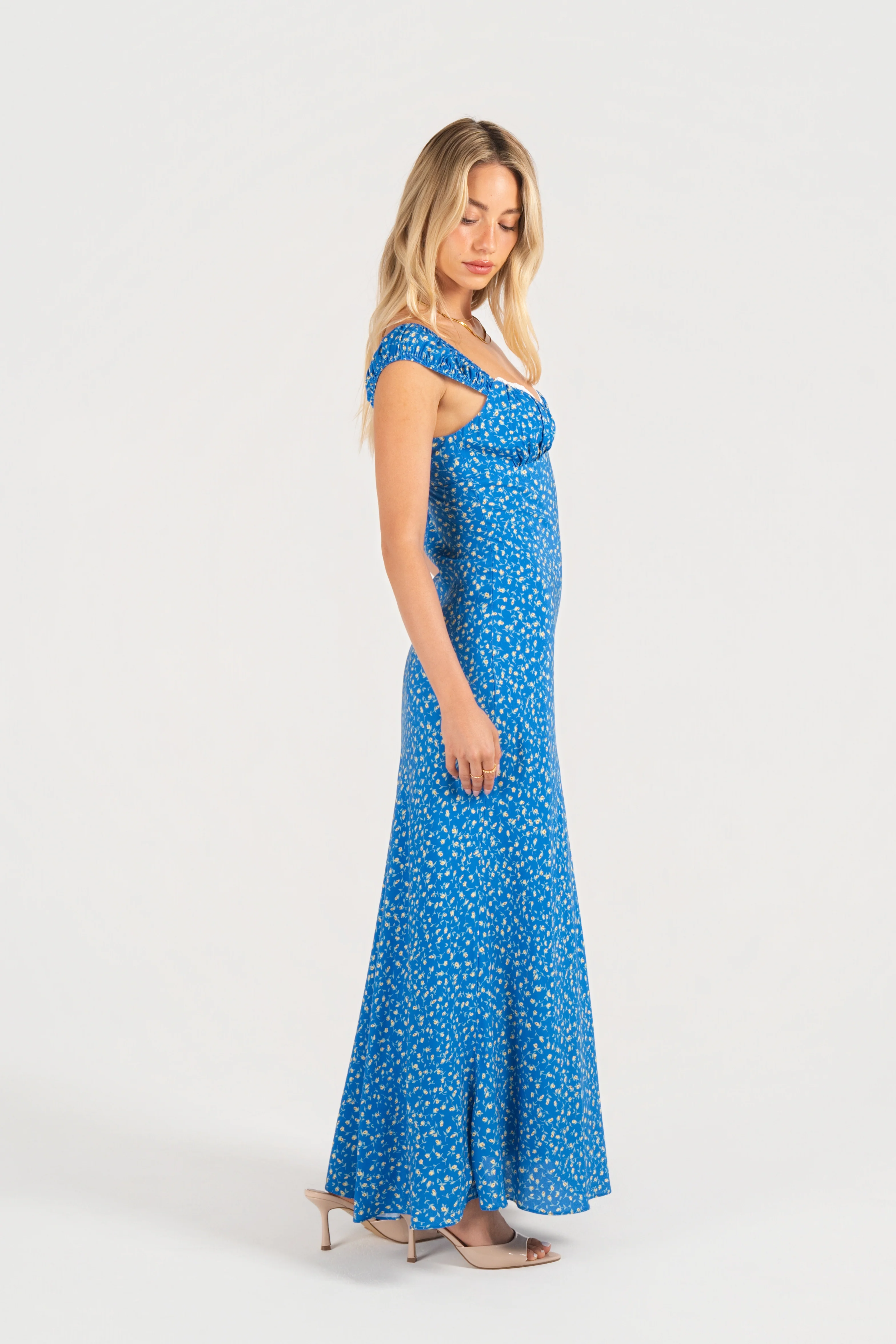 Rosabella Blue Floral Maxi Dress with Lace Trims - Image 2