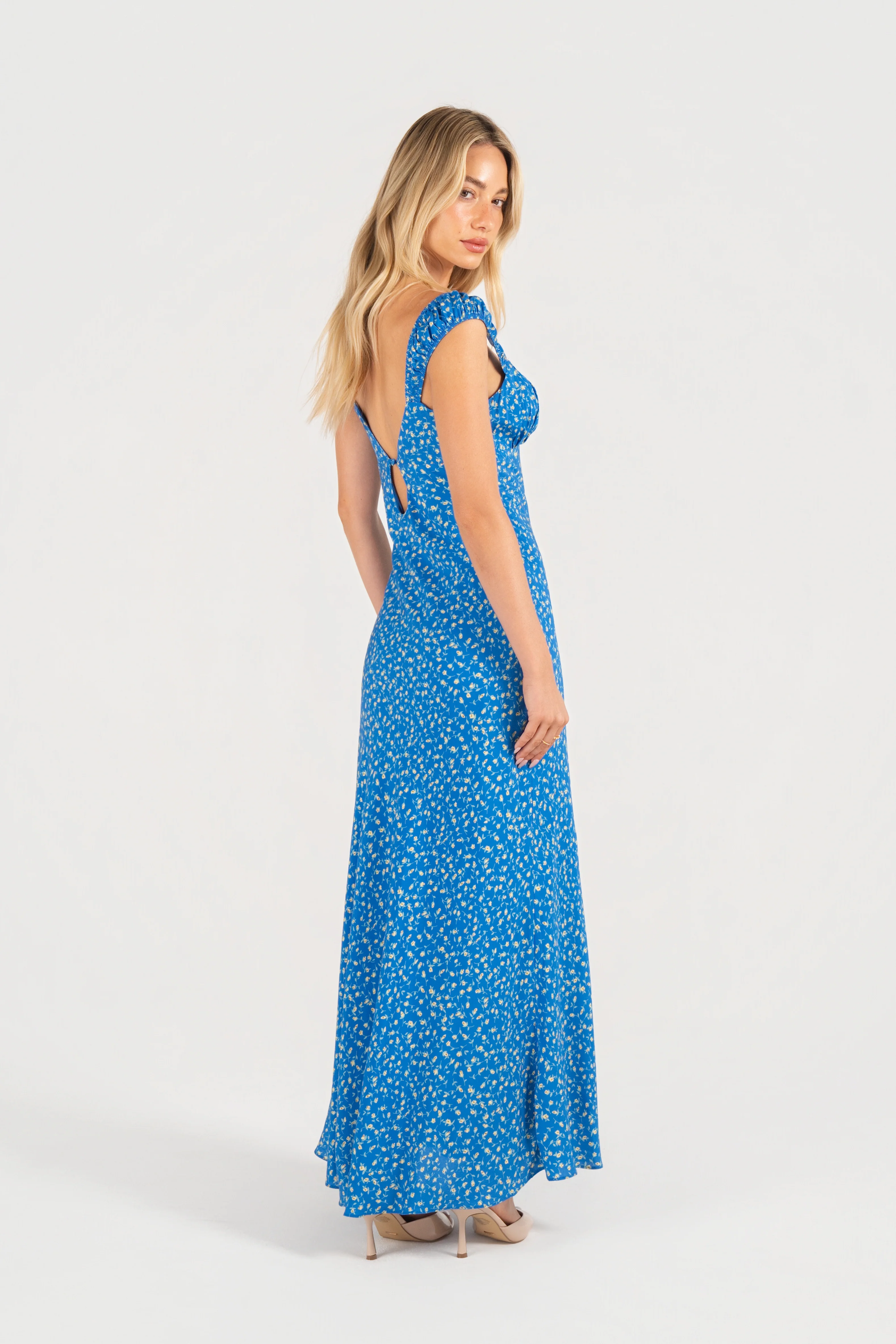Rosabella Blue Floral Maxi Dress with Lace Trims - Image 3