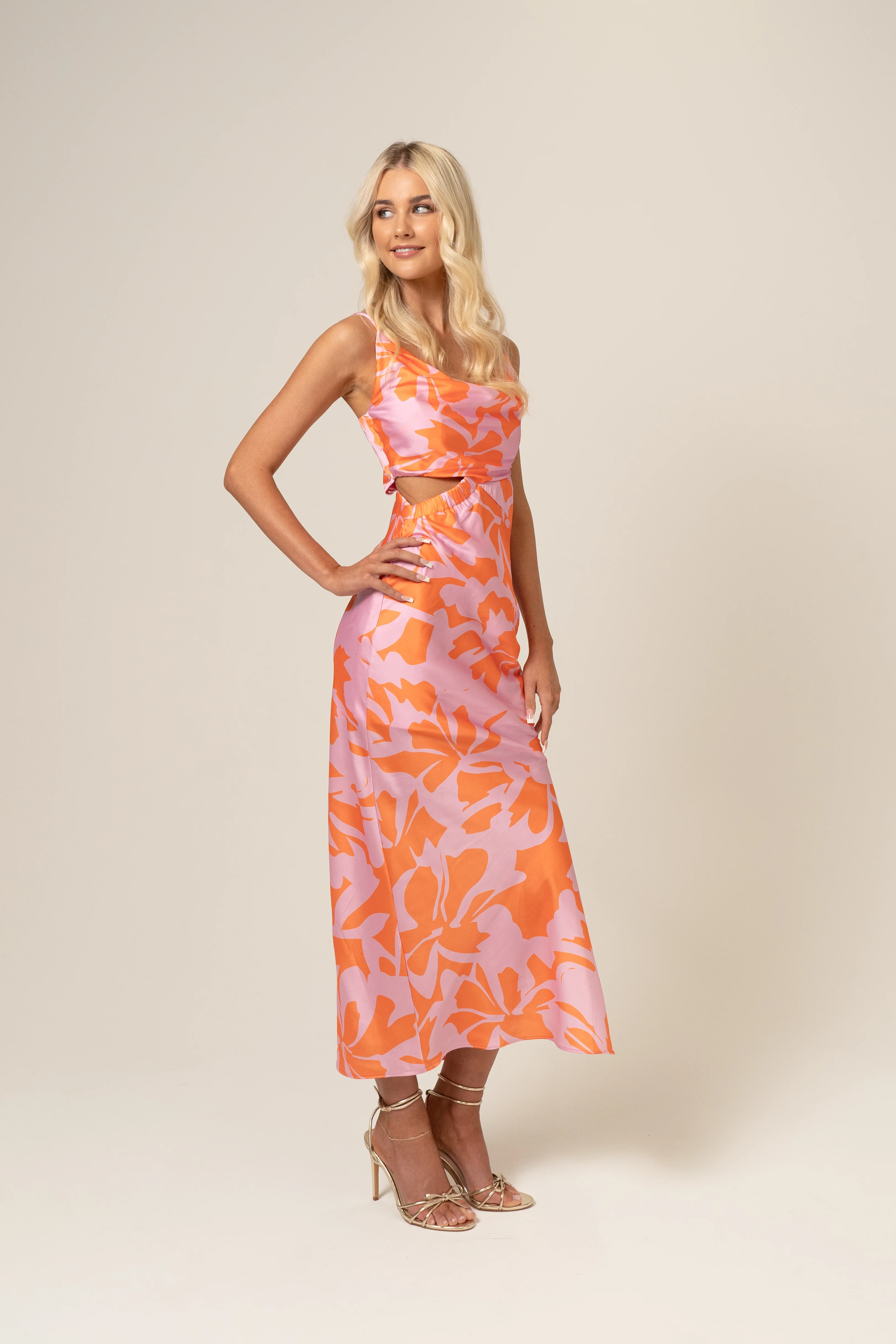 Sadie Satin Midi Dress with Waist Cut Out