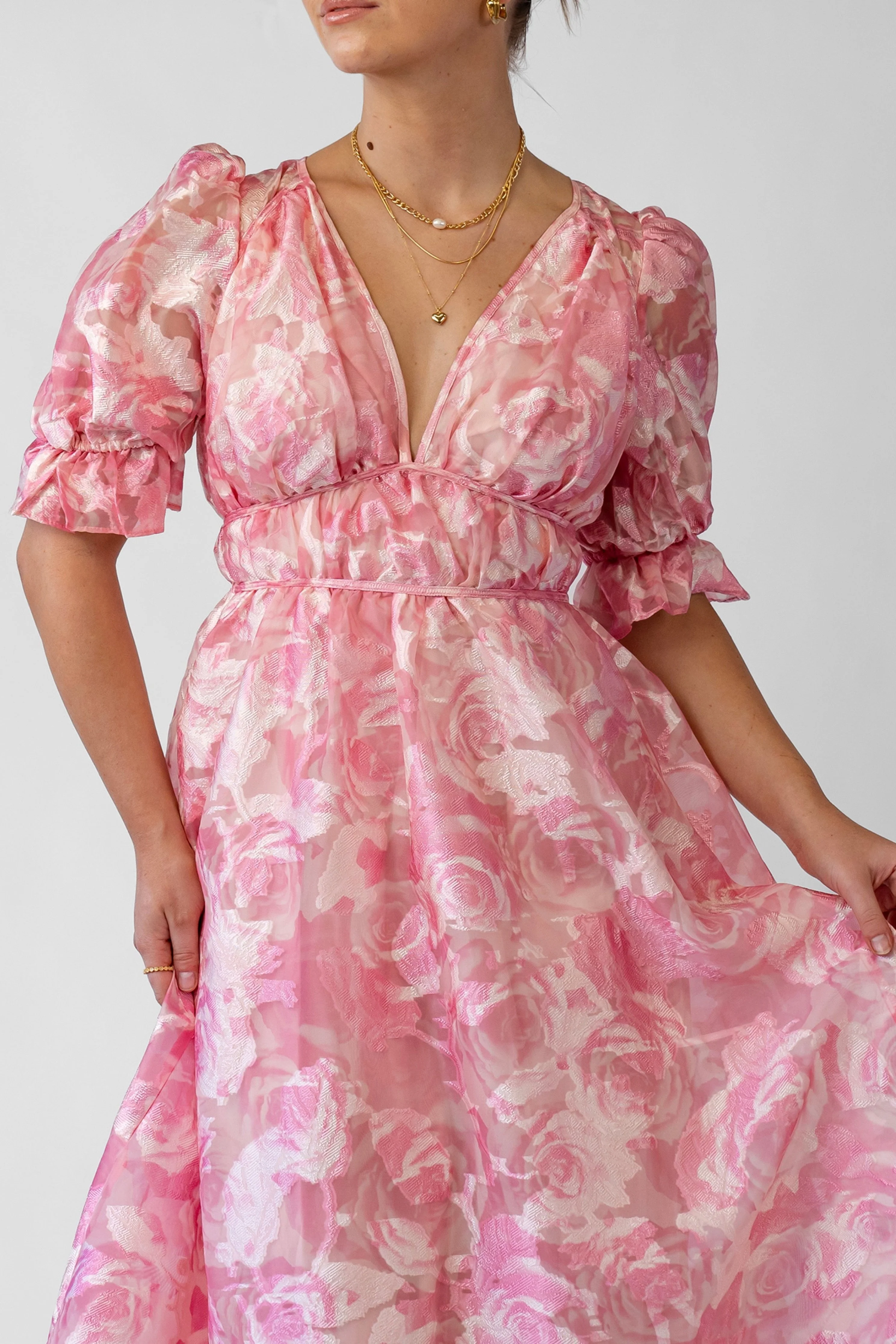 Sammy Pink V-Neck Midi with Puff Sleeves - Image 3