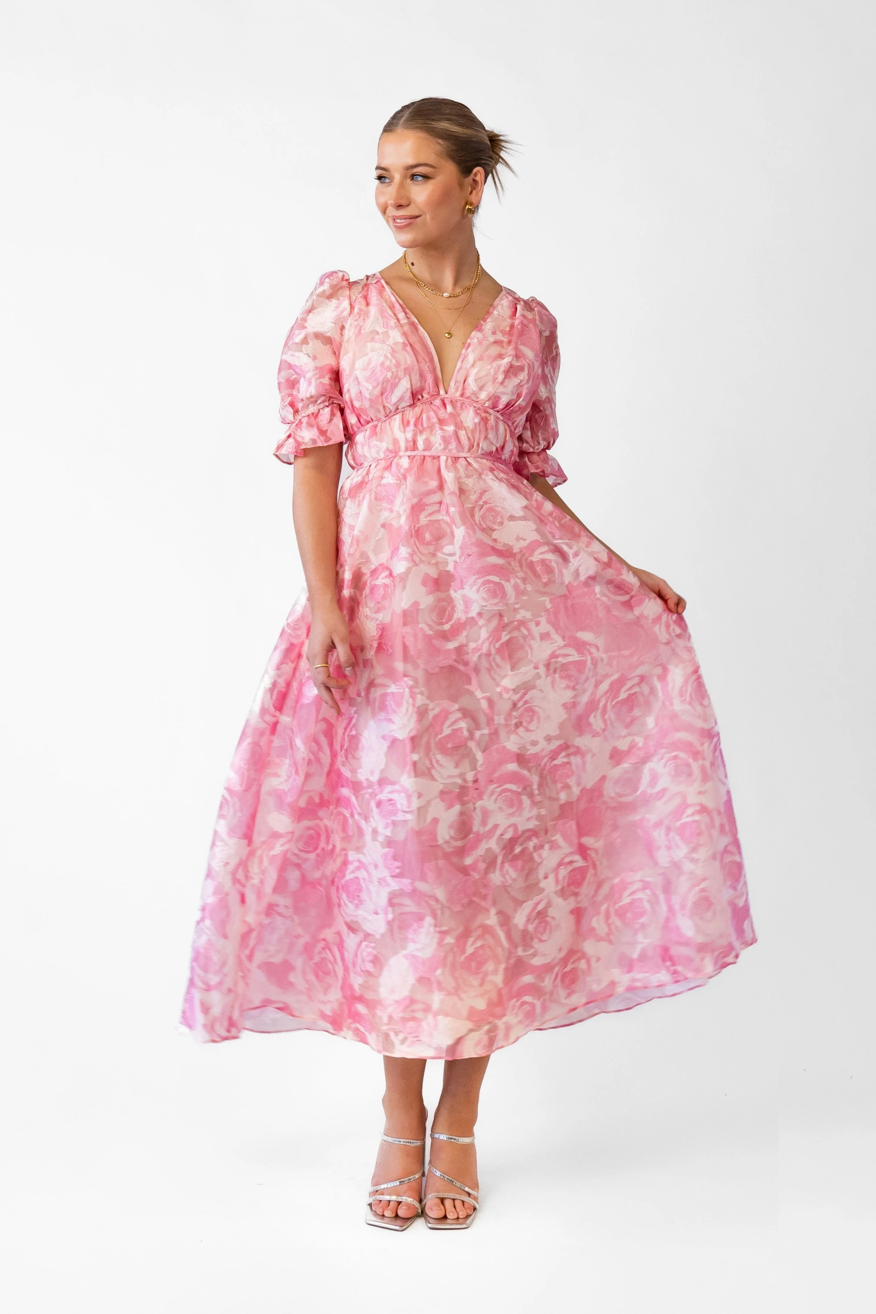 Sammy Pink V-Neck Midi with Puff Sleeves - Image 4