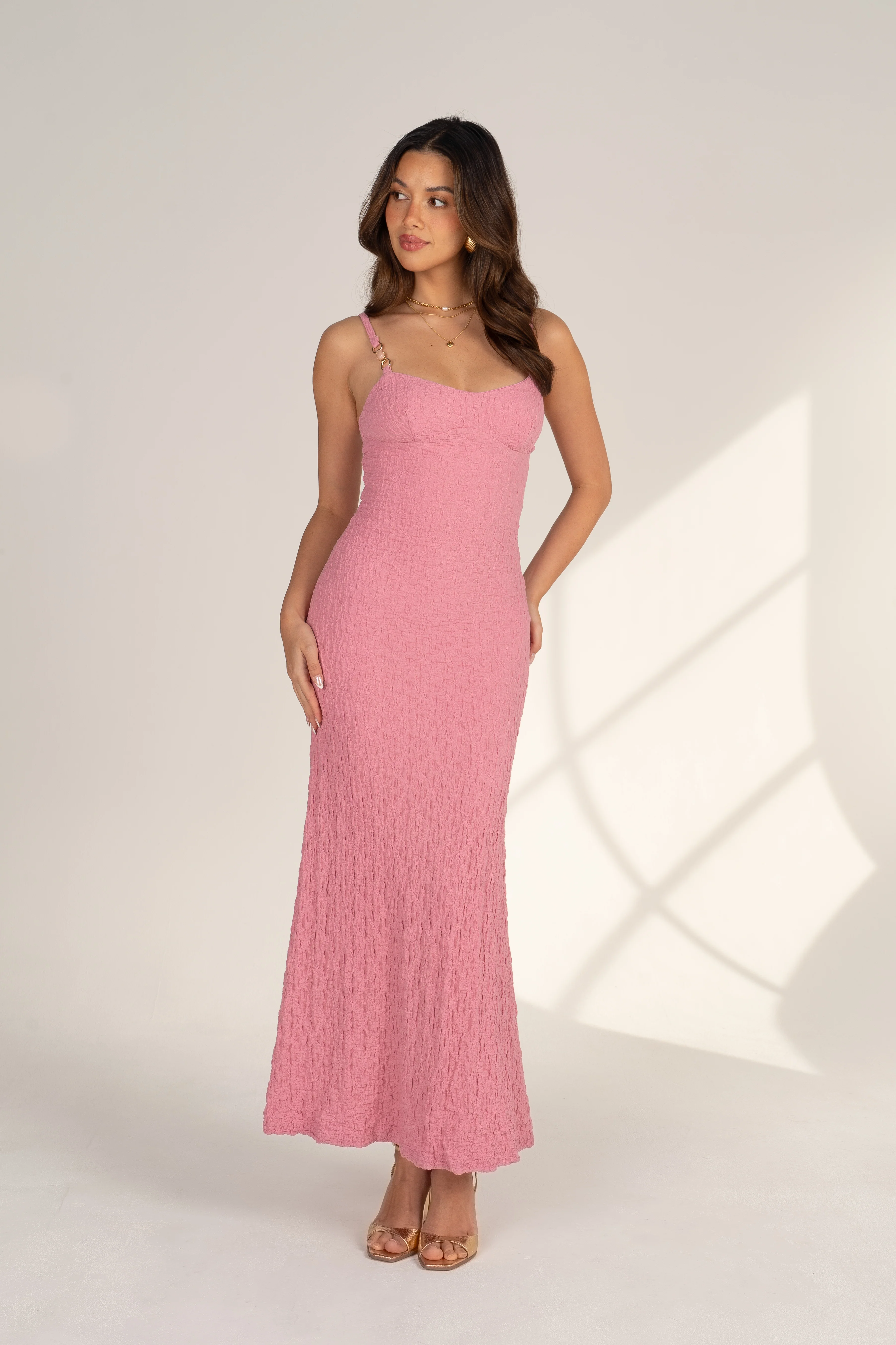 Sapphire Pink Maxi Dress with Jeweled Straps
