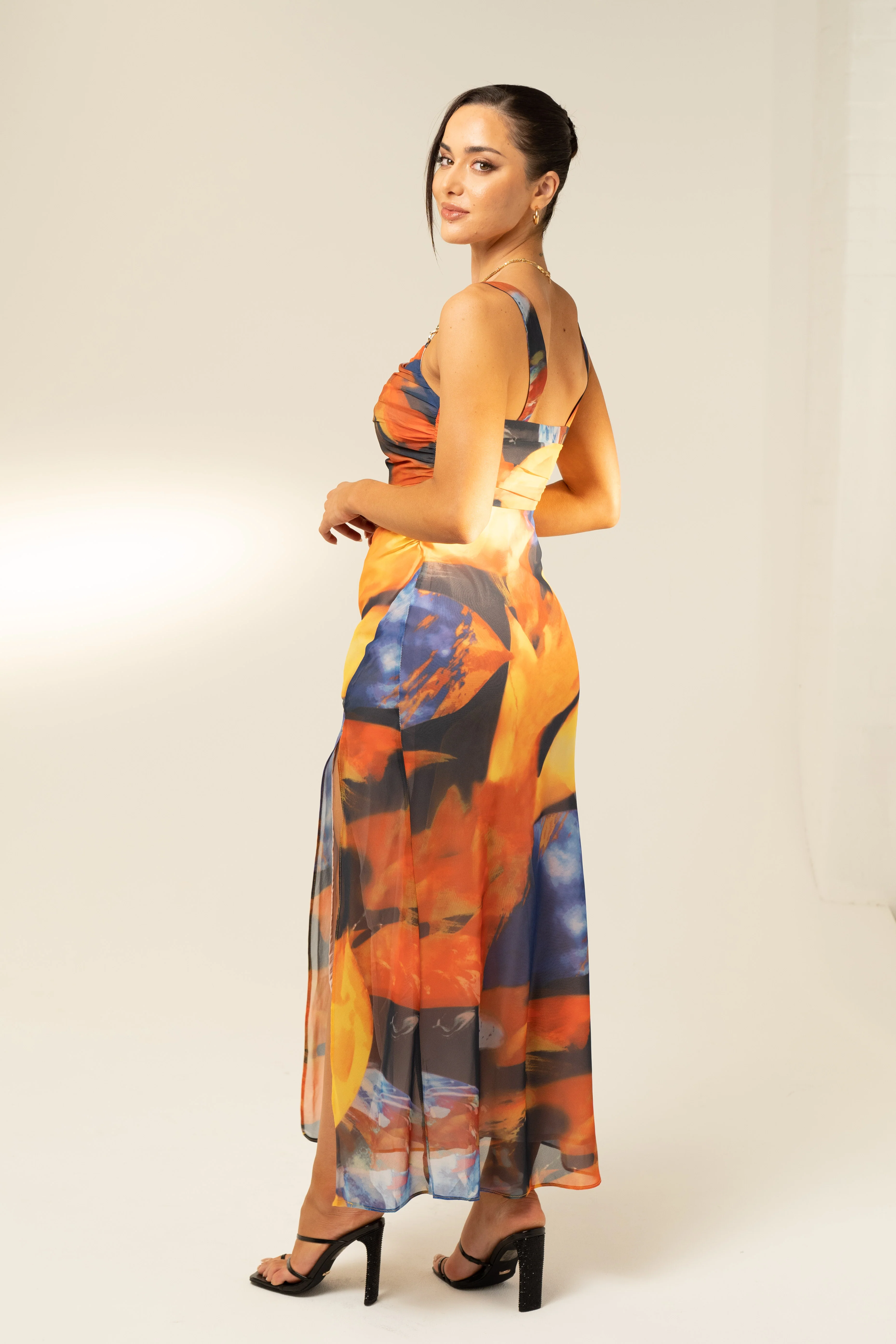 Sasha Bold Print Midi Dress with Gold Strap Details - Image 4
