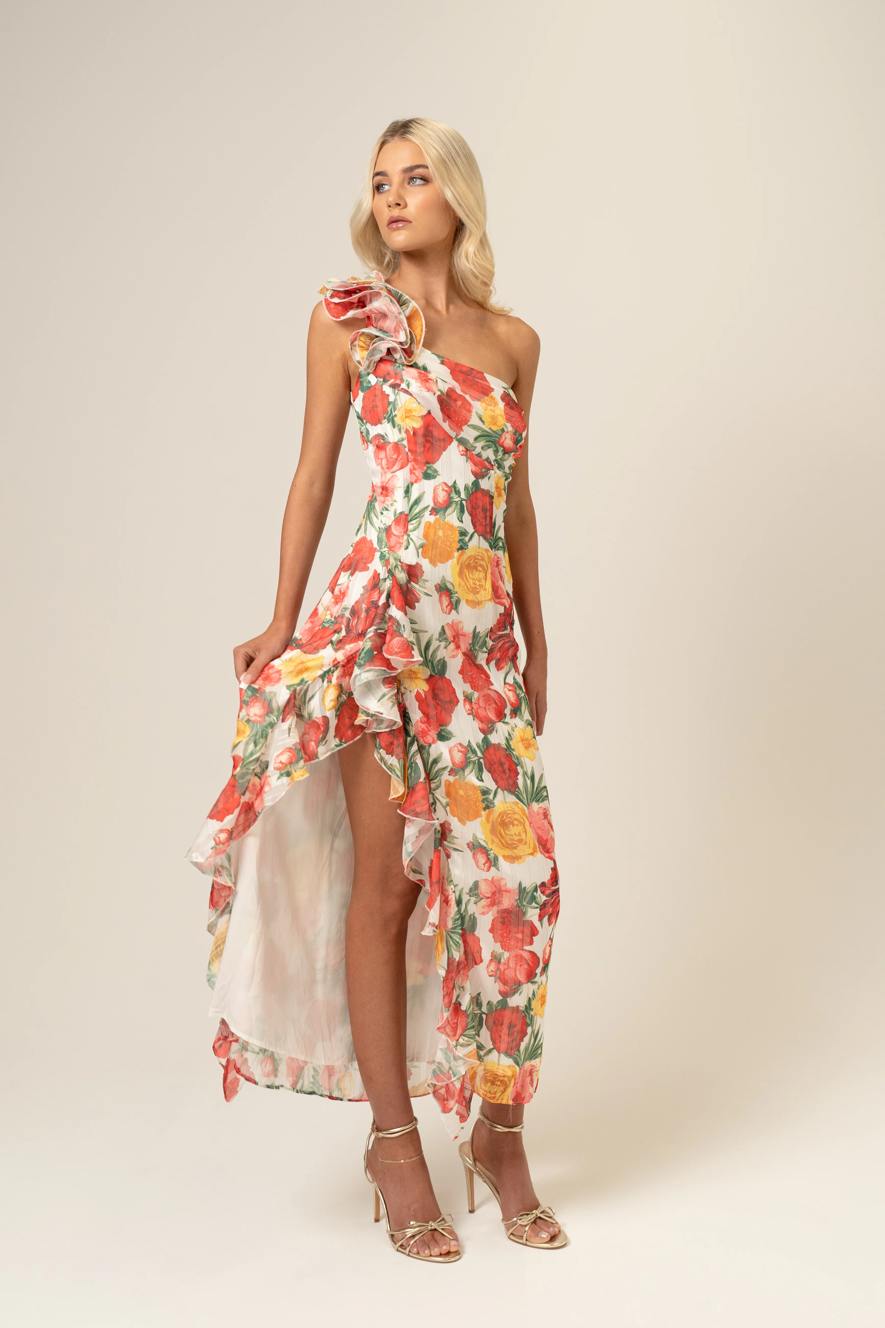 Saskia One-Shoulder Ruffle Dress - Floral Print - Image 3