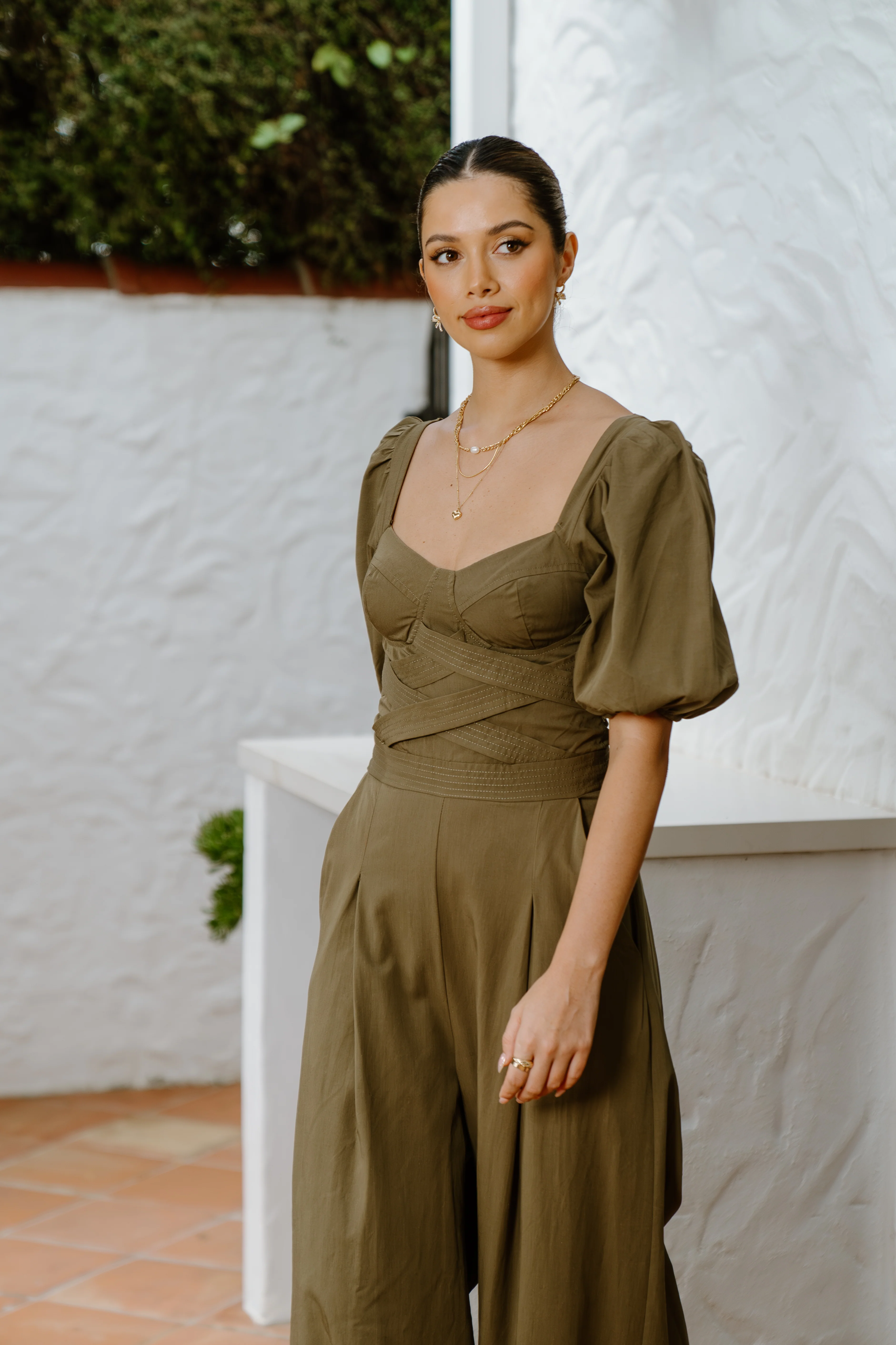 Solana Khaki Puff Sleeve Jumpsuit - Image 3