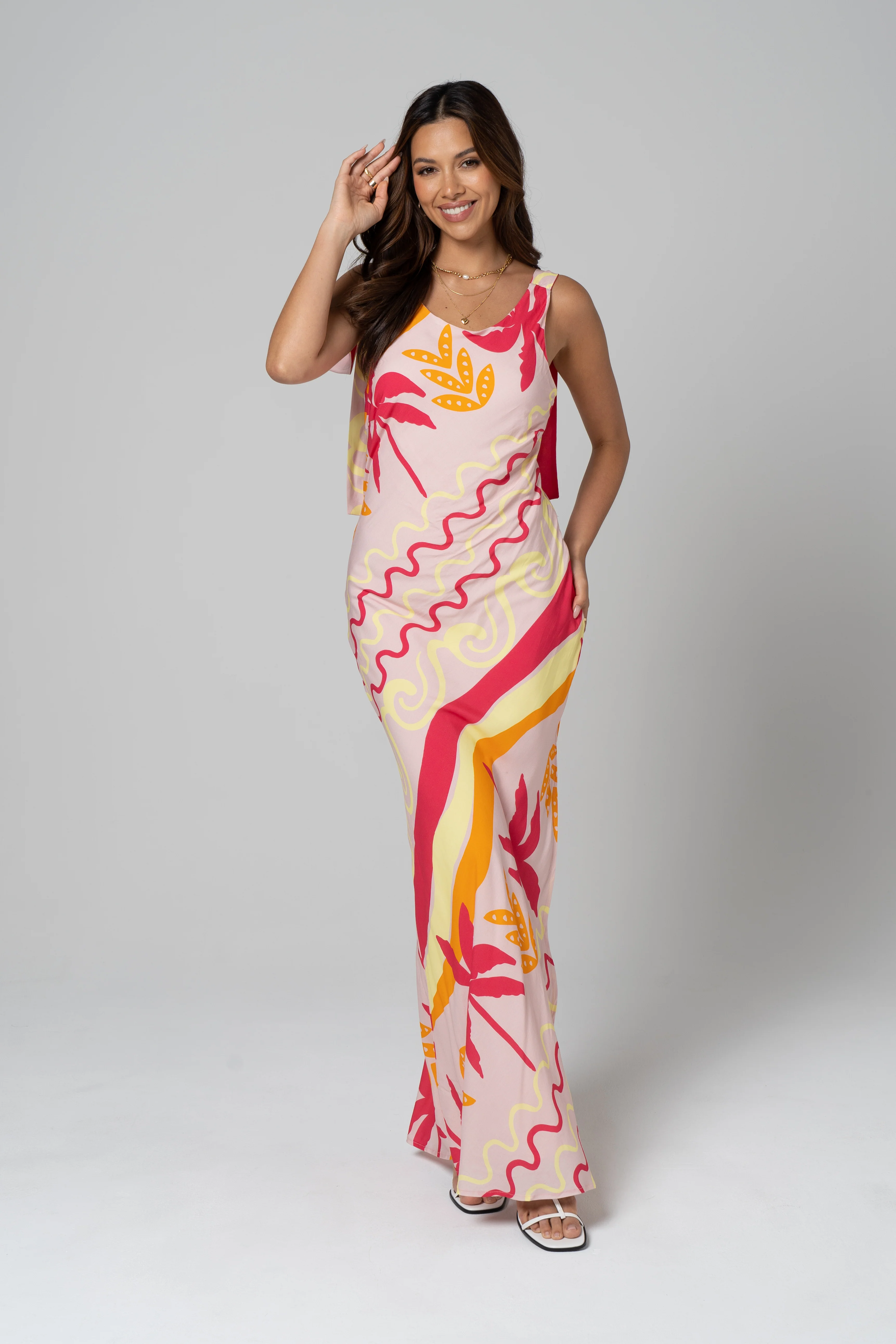 Soleil Pink Tropical Print Maxi Dress with Tie Staps