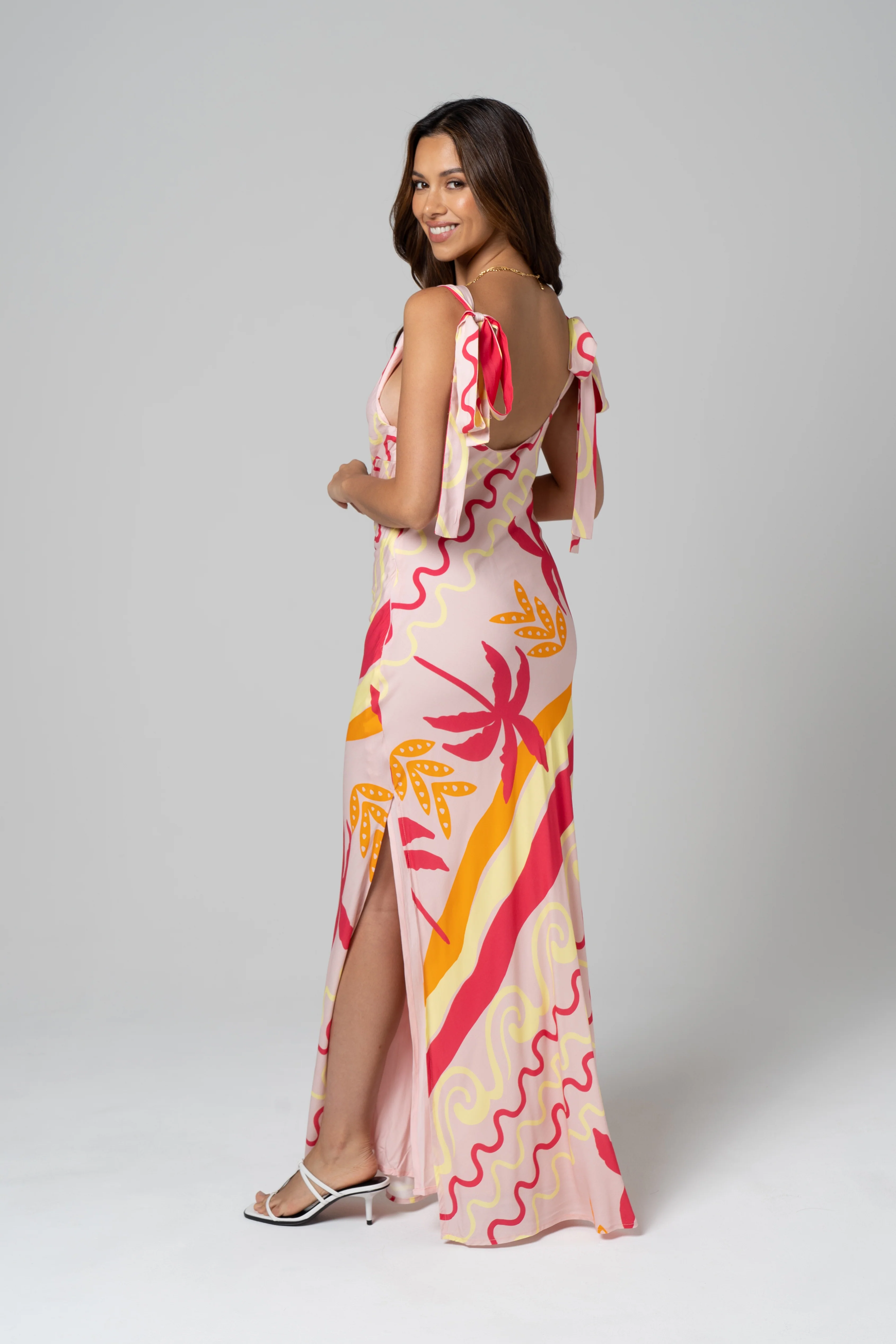 Soleil Pink Tropical Print Maxi Dress with Tie Staps - Image 2